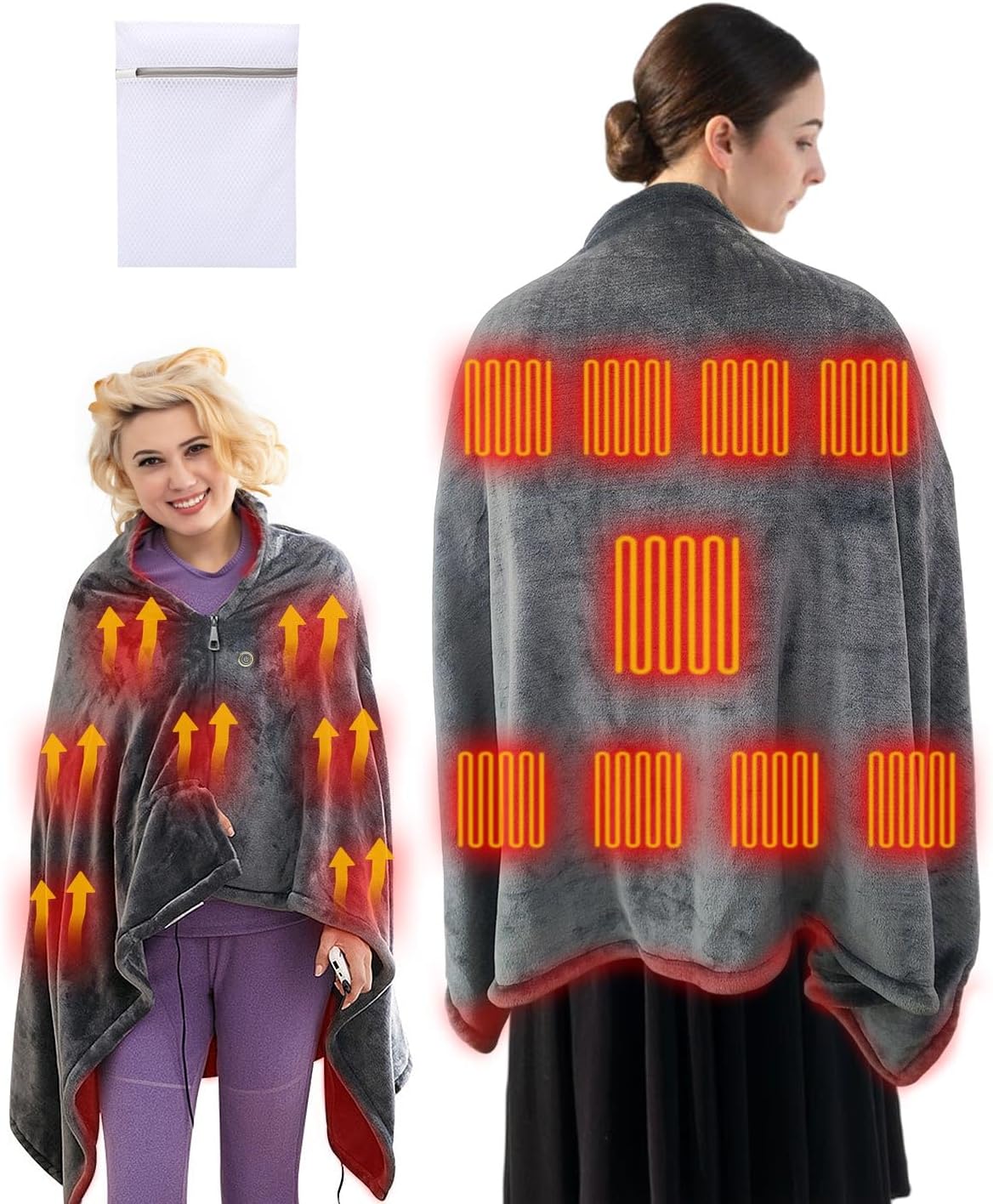 Electric USB Heated Shawl Blanket – Large Size, 9 Heating Zones, Adjustable Temperature with 3 Settings, Fast Heating, Soft Flannel, Zippered Design, Ideal for Home & Office Use