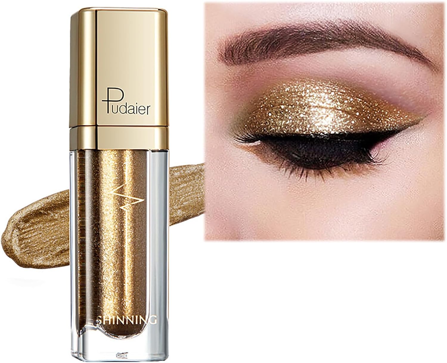 Metallic Liquid Glitter Eyeshadow - Long Lasting Waterproof Matte Shimmer - Highly Pigmented Sparkly Eye Shadow - Easy to Blend - with Eyeliner Pen - Gold