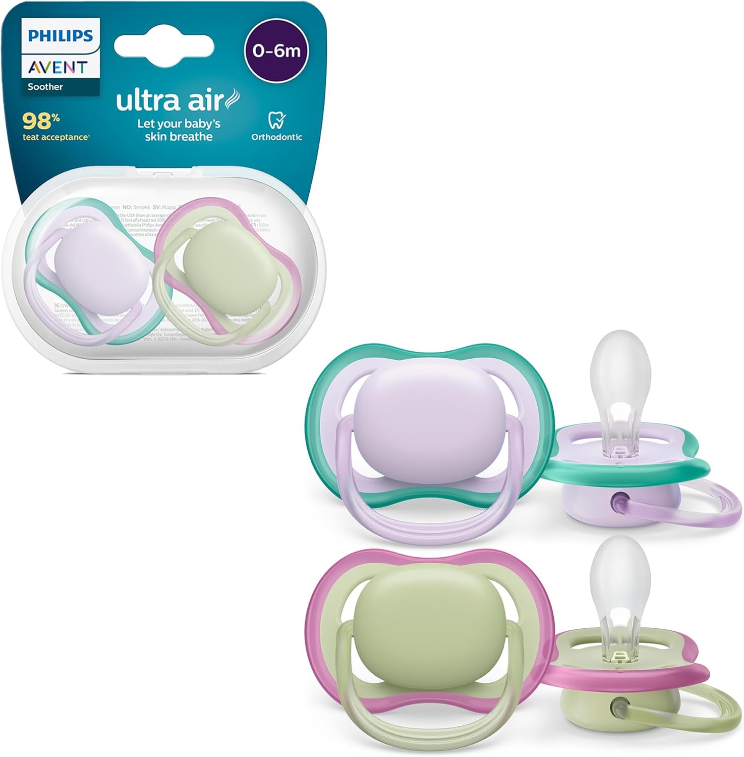 Philips Avent Ultra Air Pacifiers, Light Breathable Pacifiers for Babies Aged 0-6 Months, BPA Free, with Sterilizer Carry Case, 2 Pack, Model SCF085/24