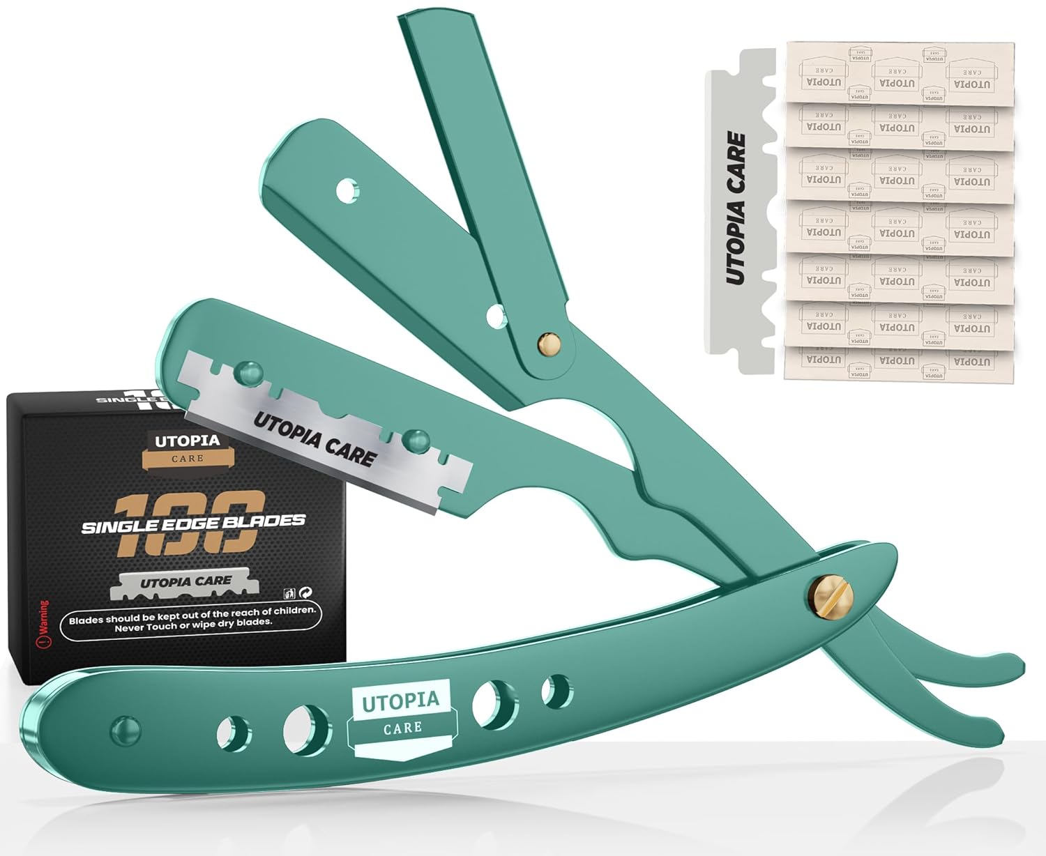 Utopia Care Professional Barber Straight Edge Razor Safety with 100 Pack Blades, Mint