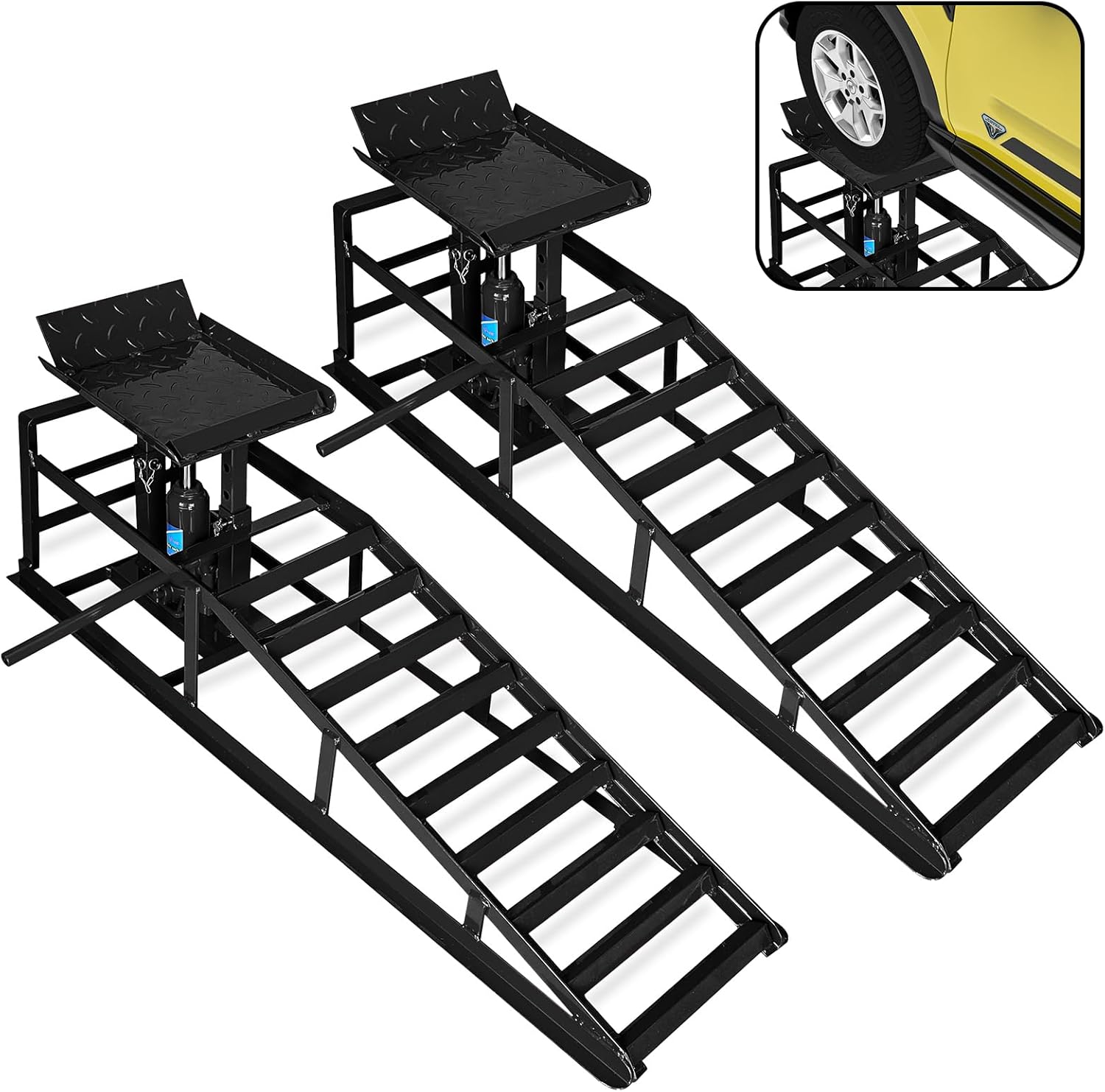 Hydraulic Car Ramps 5t/10000lbs - High Lift Service Ramp 9"-14.2" Height - Heavy Duty Steel for Oil Change and Maintenance - 2 Pack, Black