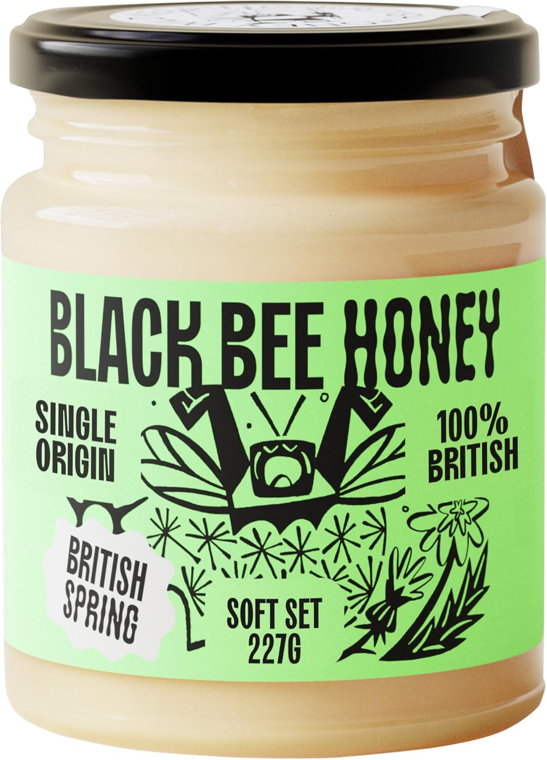 Black Bee Honey - Pure British Spring Soft Set Raw Honey, Creamy and Lightly Sweet, Unprocessed Single Source from Hive to Jar, Never Blended - Delicious on Toast, Soothing in Drinks, 227g Glass Jar