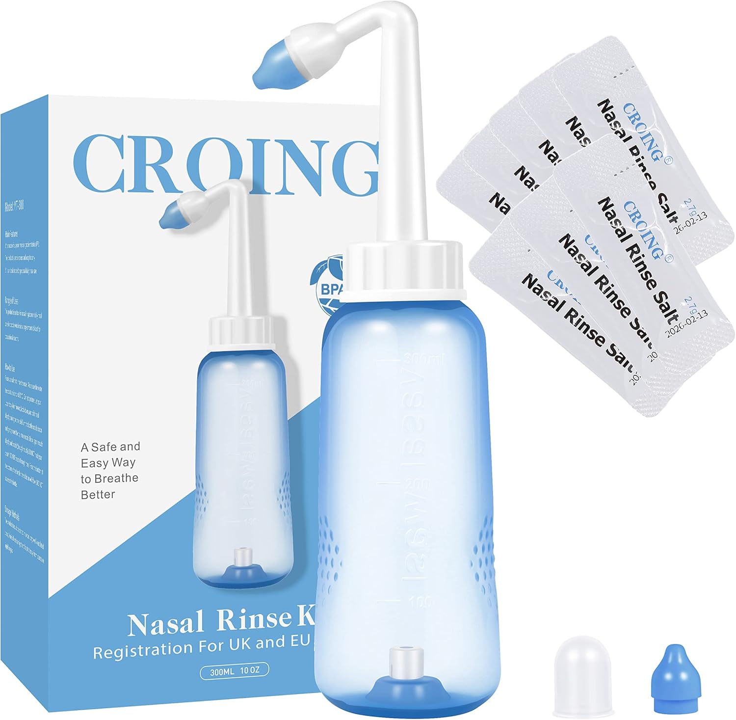 CROING 𝙎𝙞𝙣𝙪𝙨 𝙍𝙞𝙣𝙨𝙚 - 80 x Sinus Rinse Mix + 1x Nasal Wash Bottle (300ml), Nasal Rinse Sachets Kit, Neti Pot Salt, Nasal Irrigation,Nasal Douche,Sinus Relief,Neti-Pot