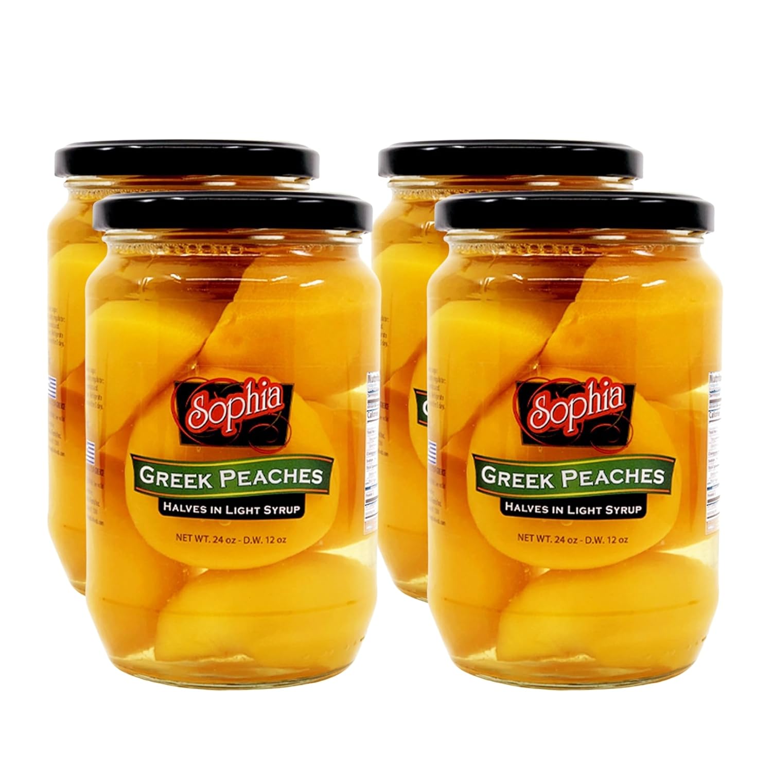 Sophia Greek Peach Halves 24oz (4-pack) | Canned Yellow Peaches from Greece in Light Syrup | Whole Peach Halves for Fruit Salad, Pie, & Pantry Staples | Authentic Greek Canned Fruit