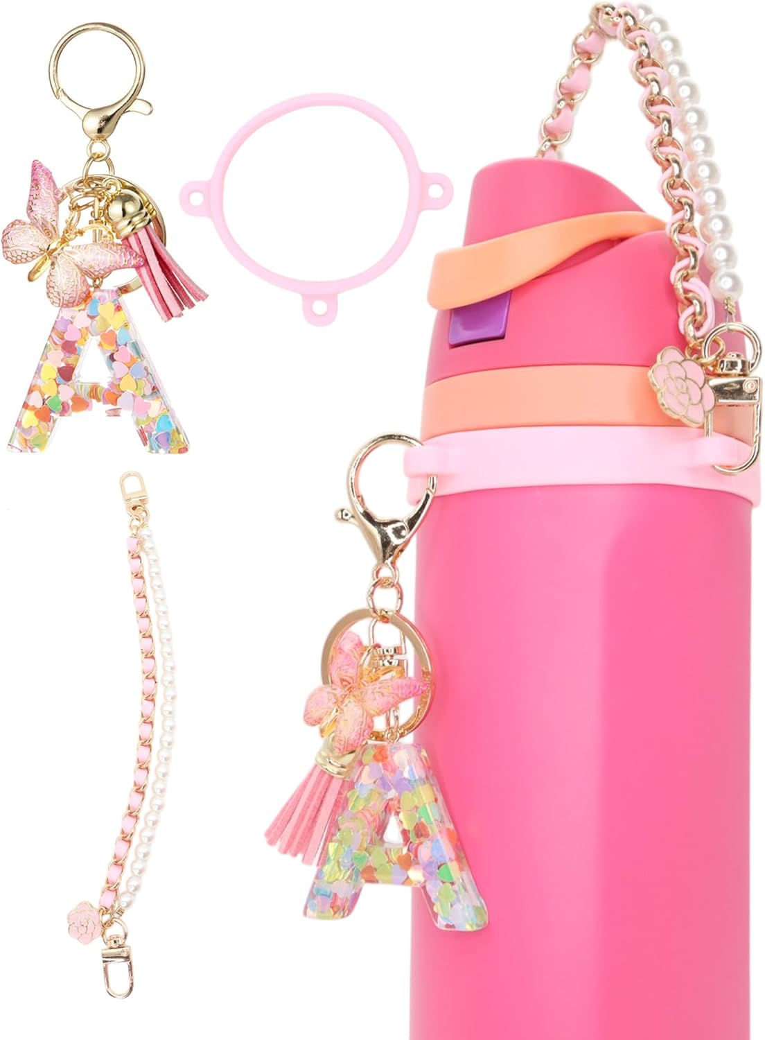 Letter Accessories for Owala Water Bottle 24-40oz, 3PC Cute Initial Keychain & Water Bottle Handle Strap with a Thick Elastic Silicone Ring Holder