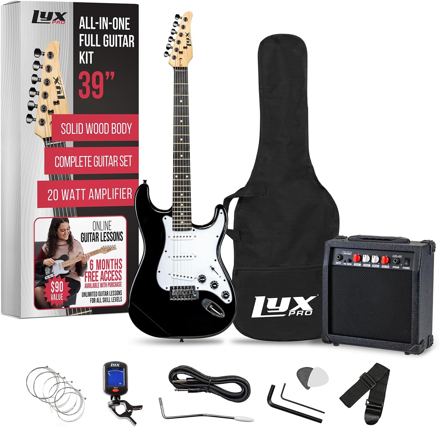 LyxPro Electric Guitar 39" inch Complete Beginner Starter kit Full Size with 20w Amp, Package Includes All Accessories, Digital Tuner, Strings, Picks, Tremolo Bar, Shoulder Strap, and Case Bag - Black