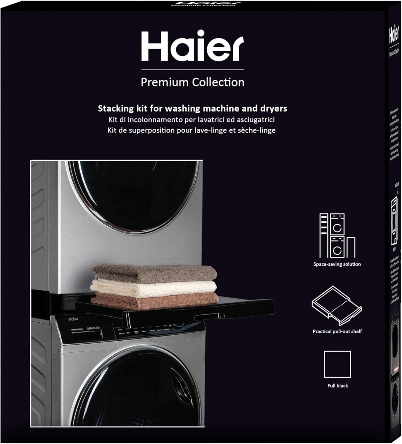 Haier Premium Universal Stacking Kit for Washing Machines and Tumble Dryers - Space-Saving - with Black Anti-Tipping Sliding Shelf - Perfect for Haier Black Washing Machines and Tumble Dryers