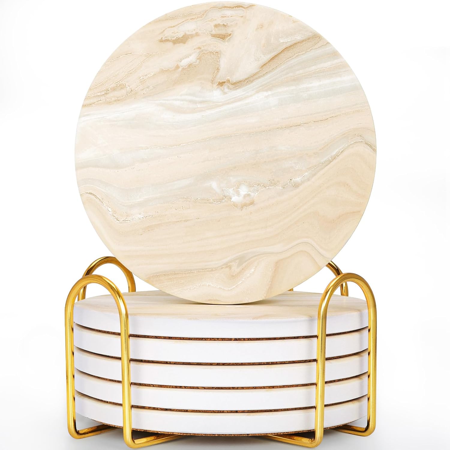 GOH DODD Coasters for Drinks Set of 6, Absorbent Marble Style Ceramic Coaster Tabletop Protection Home Decor with Metal Holder for Coffee Table Housewarming Gifts Wedding Party, Beige, Round, 4 Inch