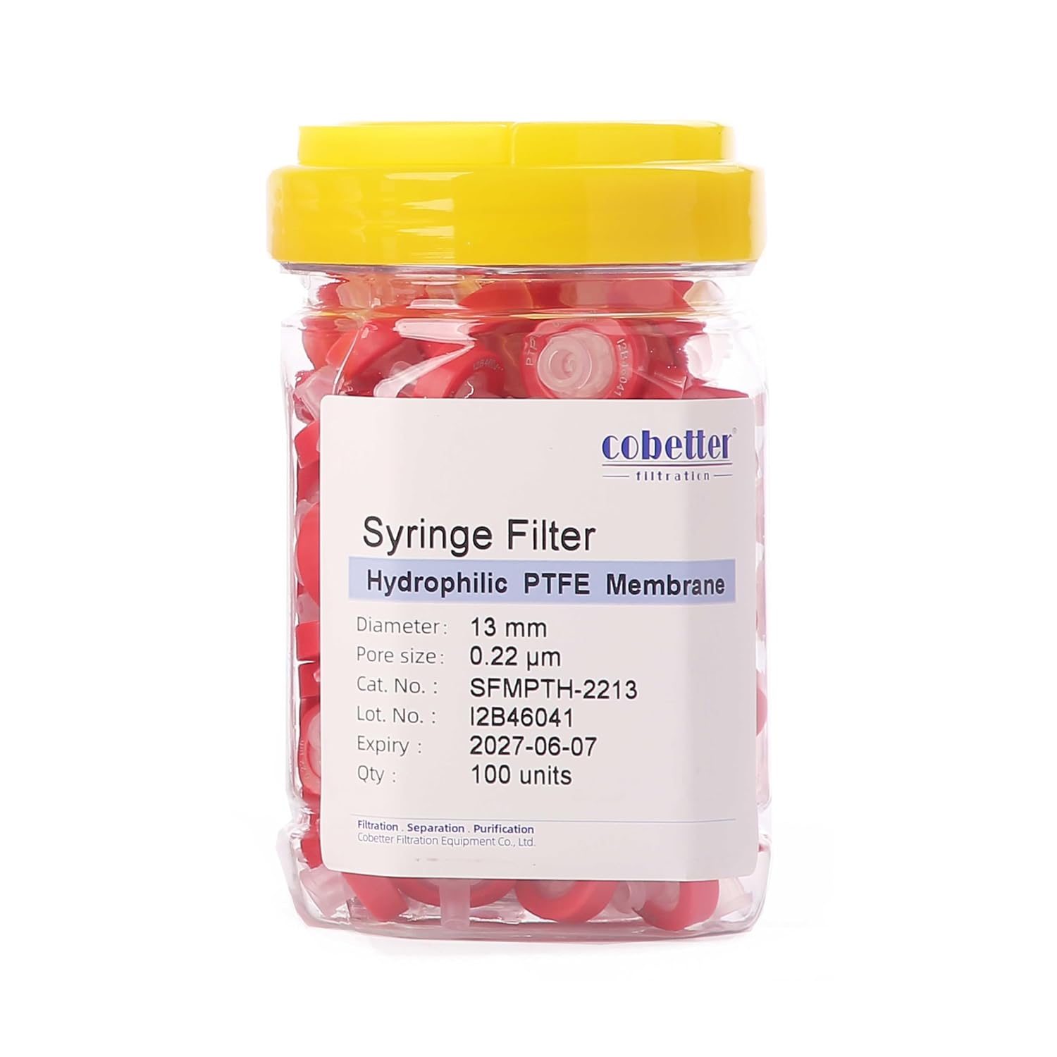 100 Pack Syringe Filter PTFE hydrophilic Lab Filters 0.22μm Pore Size 13mm Diameter Filtration Non-sterile Red
