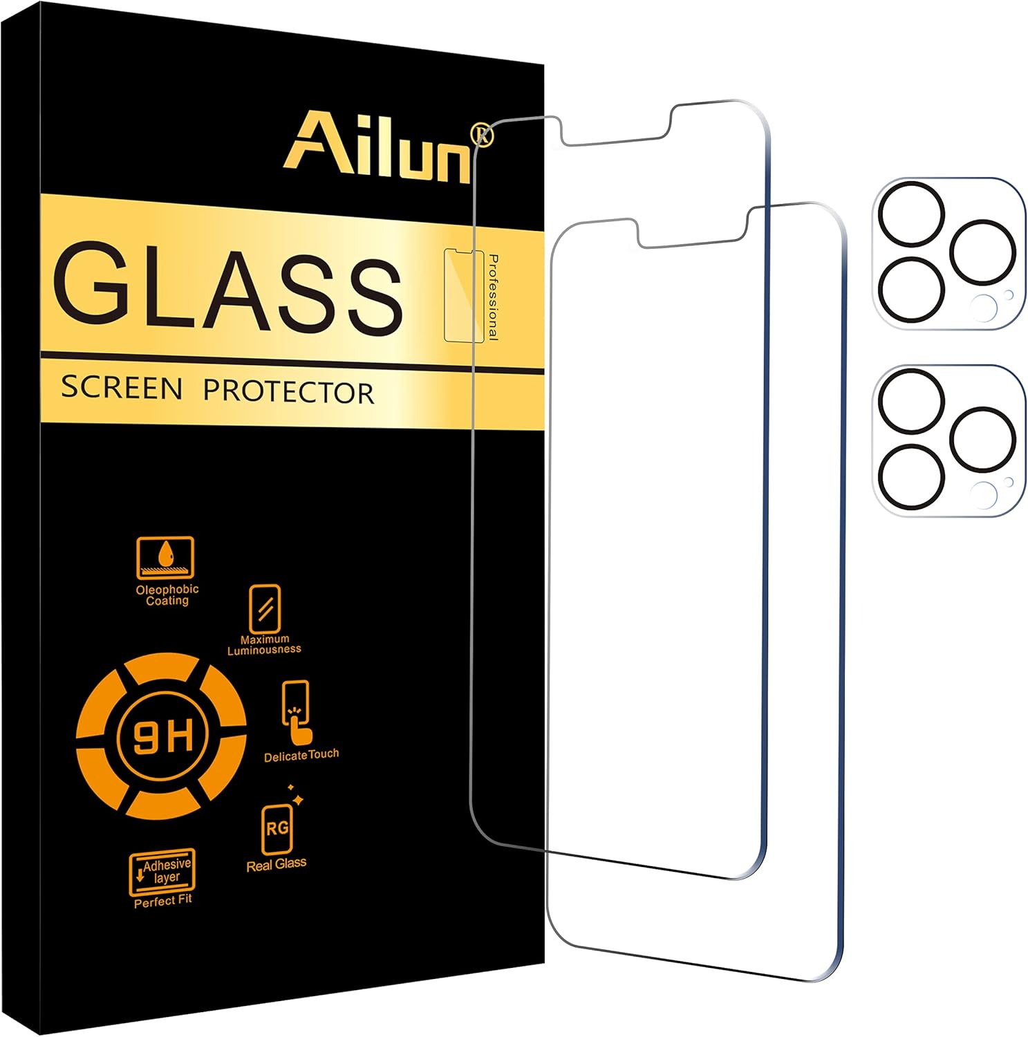 Ailun 2 Pack Screen Protector for iPhone 13 Pro Max [6.7 inch] Display 2021 with 2 Pack Tempered Glass Camera Lens Protector,[9H Hardness]-HD Case Friendly [4 Pack]