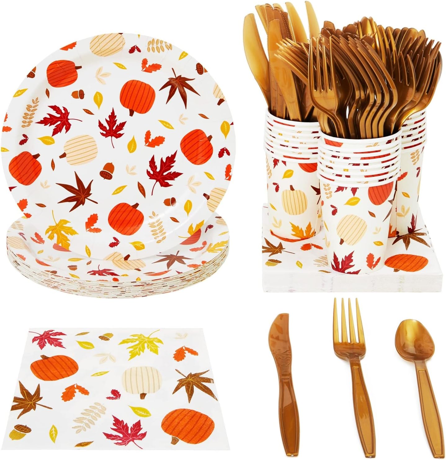 Juvale Autumn Paper Plates and Napkins, Cups, Cutlery for Thanksgiving, Fall Party Supplies (Serves 24, 144 Pieces)