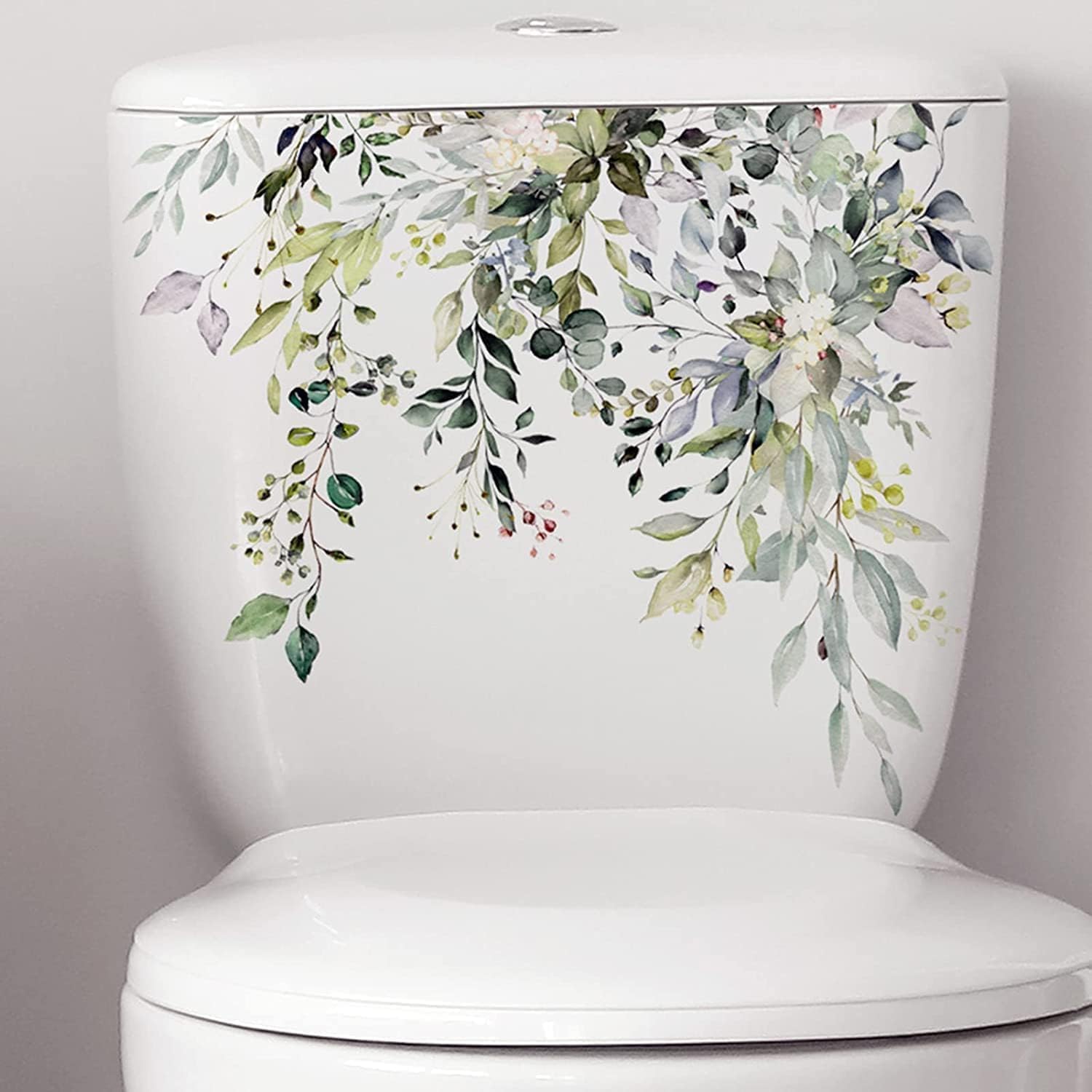 Green Plant Leaves Flowers Toilet Seat Lid Stickers Self-Adhesive Bathroom Wall Stickers Green Leaf Floral DIY Removable Waterproof Toilet Sticker for Bathroom Cistern Decor,Toilets Accessories