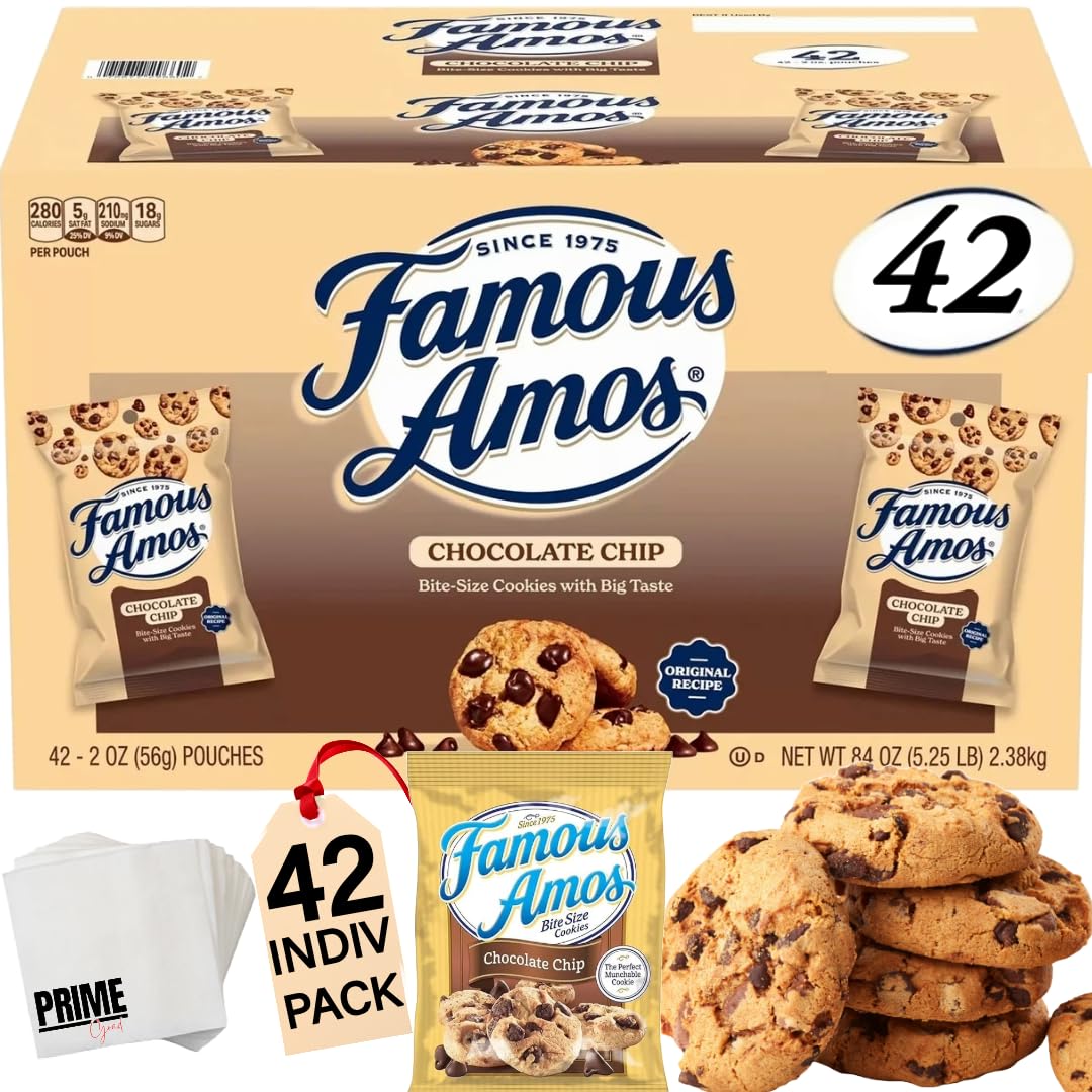 PRIME GRADE Famous Amos Chocolate Chip Cookies, 42ct of 2oz Bags, Bundle Vaule Box