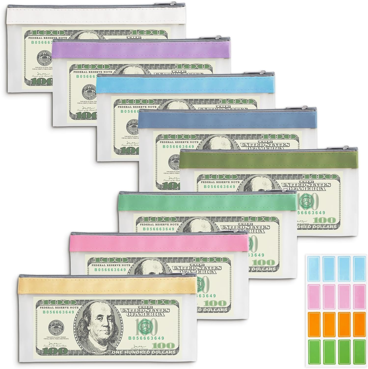 Jiayaus 8Pcs Money Bags with Zippers, Clear Waterproof Cash Envelopes, Plastic Money Wallet, Multi-Purpose Money Pouches for Cash Saving, Bank Check Receipt Organizer, Coin Storage