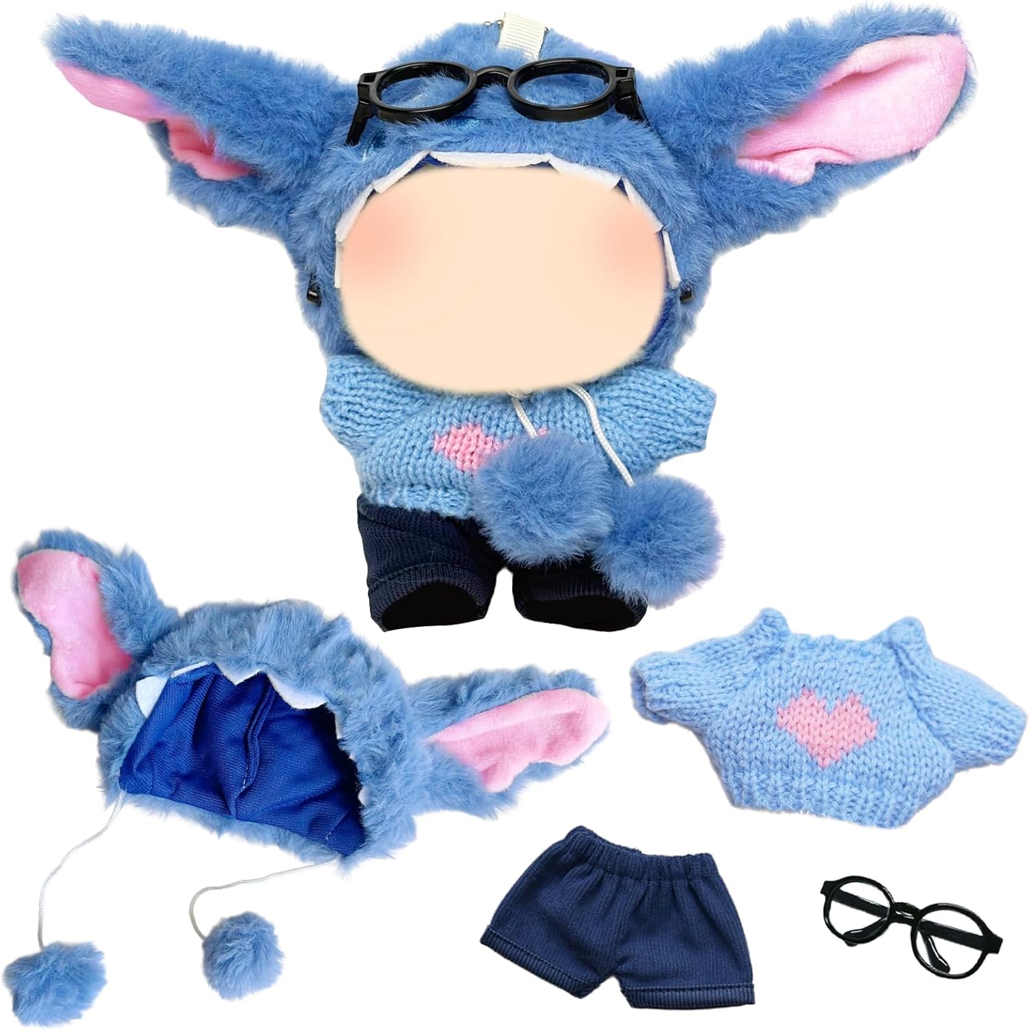 17cm Blue Plush Doll Clothes, 4 Pcs Cute Cartoon Plush Doll Outfit, 17cm Blue Puppy Clothing, Pink Ear Head Cover + Sweater with Pink Heart Print + Shorts + Black Glasses, Ideal Children's Gift