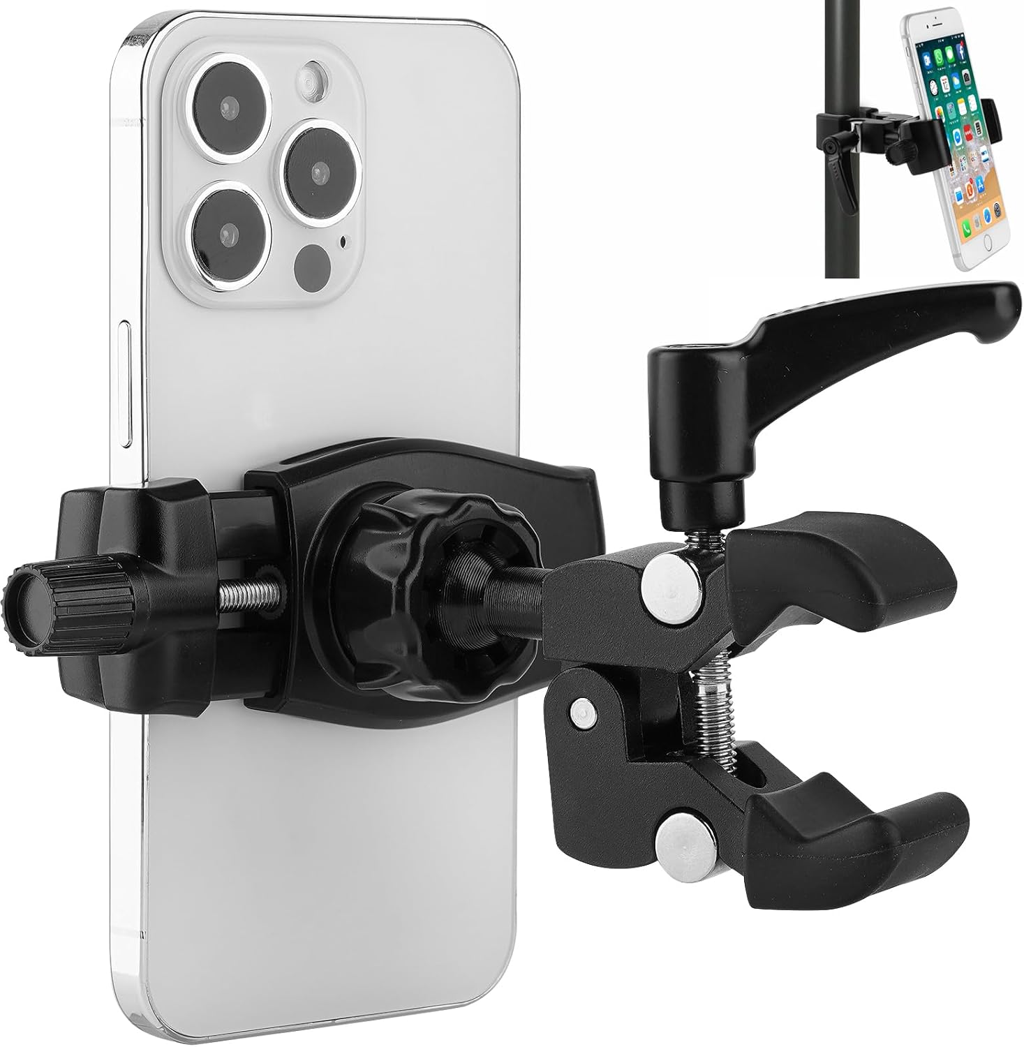 Phone Holder for Golf Cart/Microphone Stand/Cart/Railing/Handlebar/Rod,Fit for 3.5~7.5 inch iPhone/Nexus/HTC/LG/Smartphone,360°Adjustable Clip Aluminum Alloy Mount
