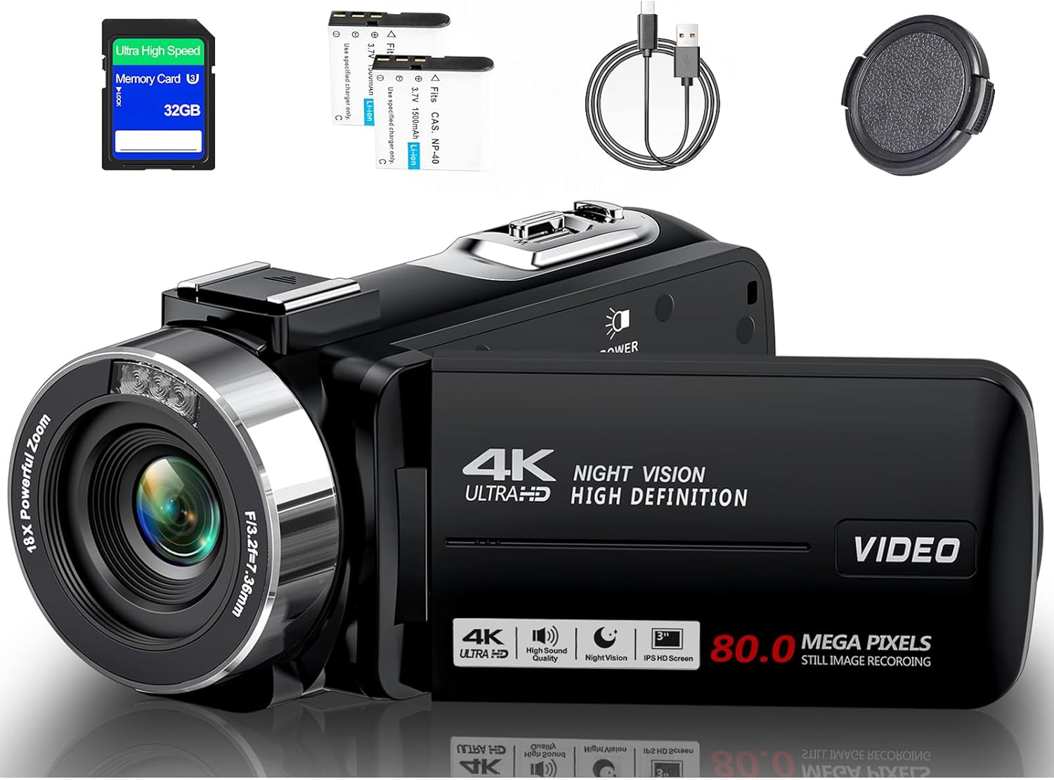 Camcorder Video Camera 4K Ultra 80MP Vlogging Camera for YouTube 18X Digital Zoom Camcorder Recorder 3.0" IPS HD Screen IR Night Vision with 32GB SD Card, Lens Cap, 2 Batteries