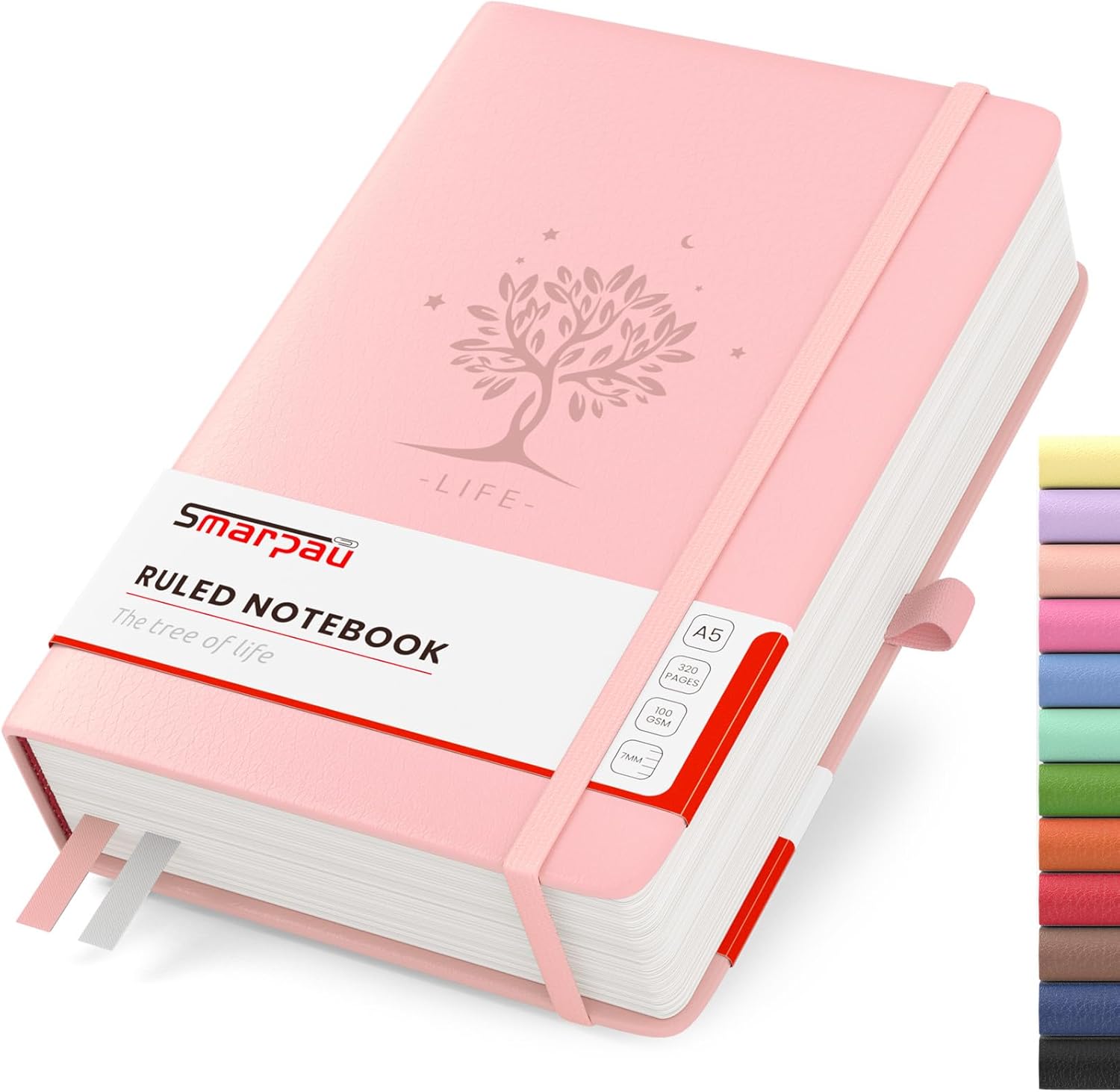 Smarpau Notebook A5 Lined Journal - Hardcover Leather Journal with 320 Pages 100gsm Thick Paper, College Ruled Journals Notebook for Women Men Writing School Office, 14.5 x 21cm - Pink