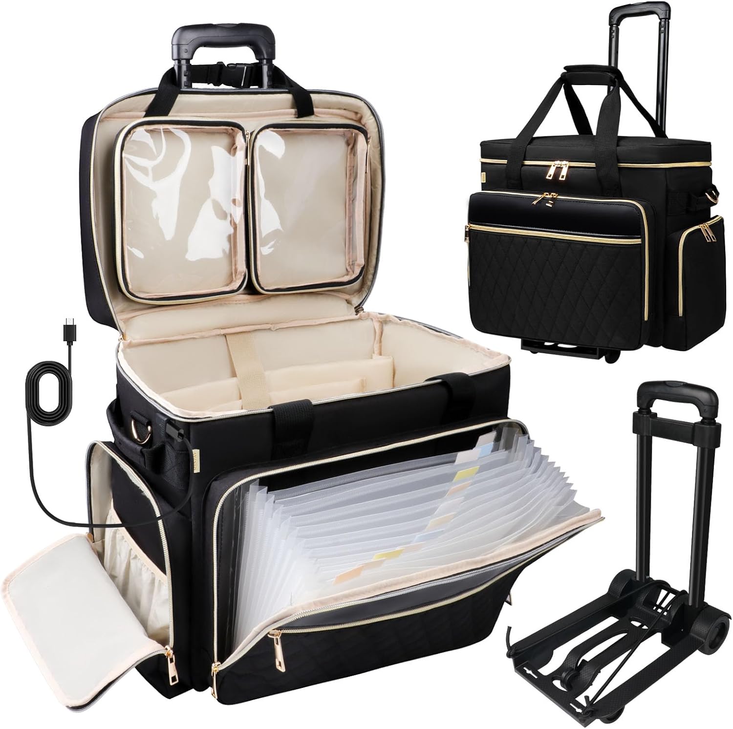 Rolling Teacher Bag with Accordion File Organizer, USB Port& 15.6 Inch Laptop Compartment, Wheeled Teacher Tote Bag with Detachable Trolley for Teaching& Office Supplies Storage (Black)