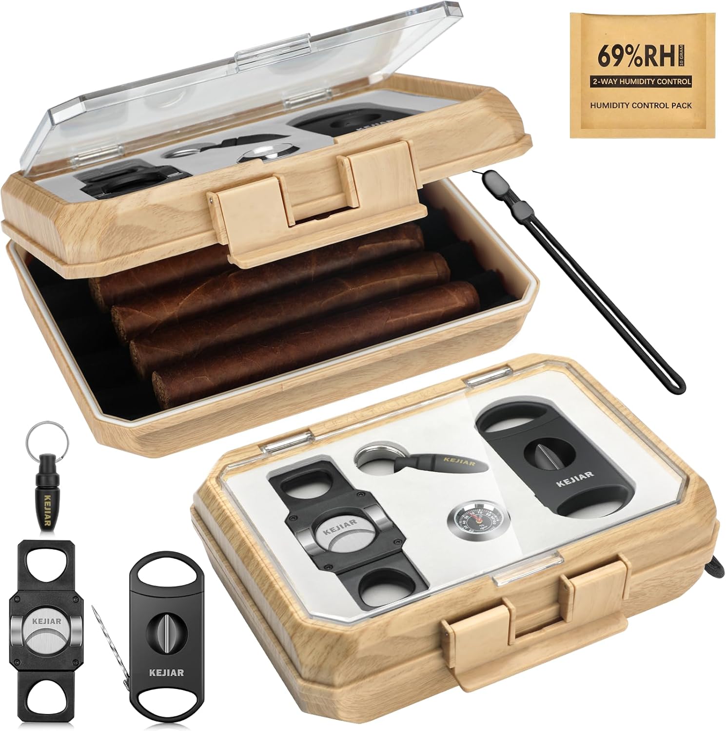 Cigar Humidor Box Portable Cigar Travel Case with Cigar Accessories, Cigar Holder Case with Cigar V Cutter, Cigar Cutter Guillotine, Cigar Punch, Humidity Pack, Airtight Seal Humidors (Light)