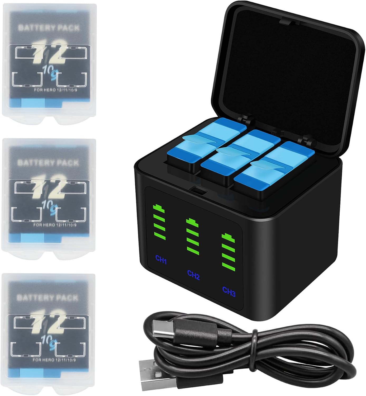 Battery Charger Kits for GoPro Hero 12 11 10 9 Black, 3-Pack 2000mAh Replacement Batteries + Triple Charge Case with Type-C Charging Cord for Go Pro 12 11 10 9 Official Batteries Accessories