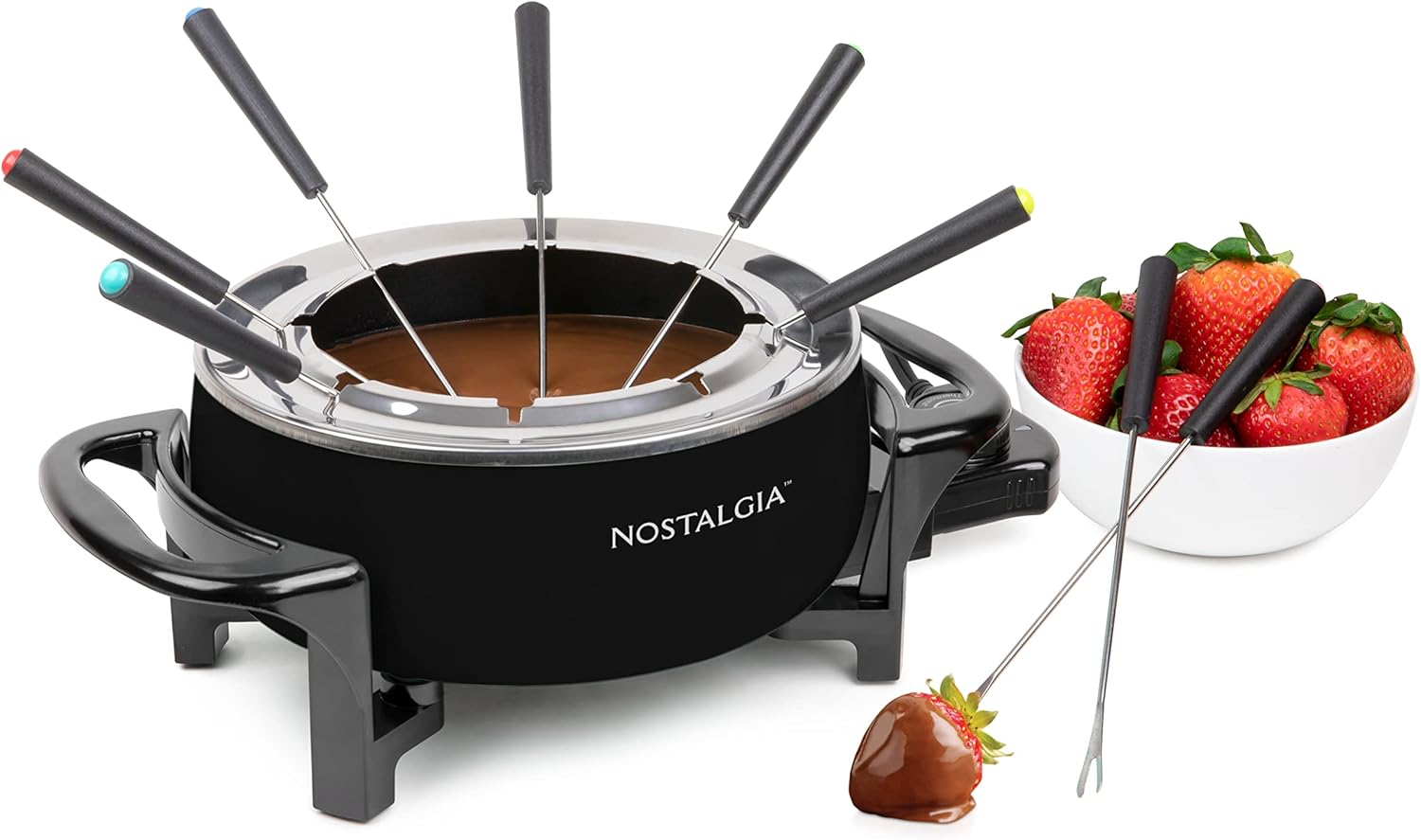 Nostalgia 12-Cup Electric Fondue Pot Set for Cheese & Chocolate - 8 Color-Coded Forks, Temperature Control - Stainless Steel Kitchen Gadgets and Appliances for Hors d'Oeuvres and More – Black