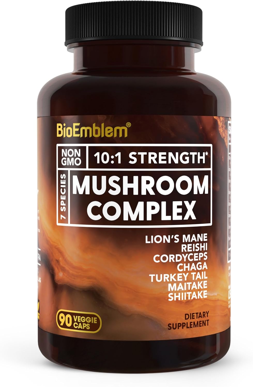 BioEmblem Mushroom Complex - 10:1 Strength and 7 Species - Lions Mane, Reishi, Cordyceps, Chaga, Maitake, Shiitake Mushroom Supplement - Immunity, Energy & Focus, Brain - Non-GMO, Vegan - 90 Caps