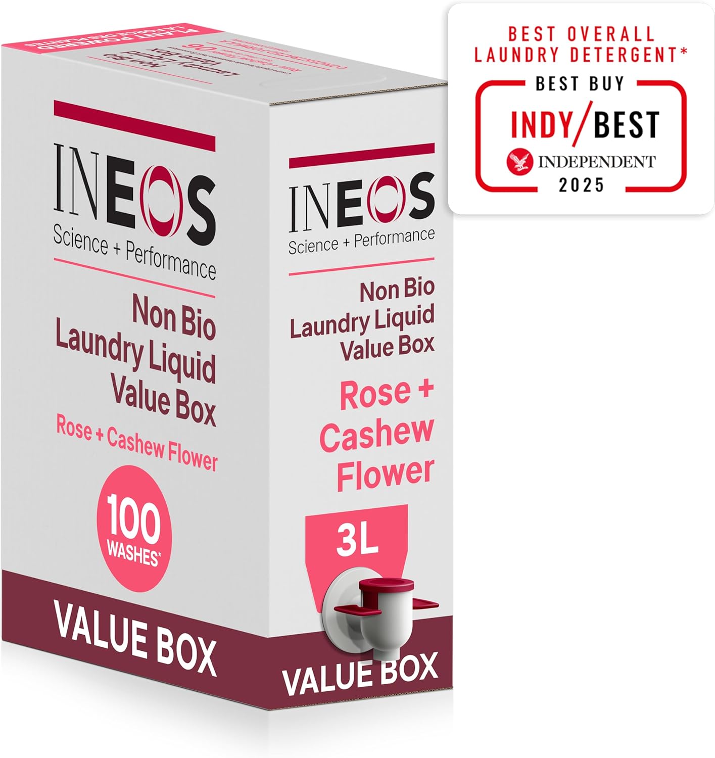 INEOS Next Gen Non Bio Laundry Washing Liquid Detergent, Stain Removal for Clothes, Plant Powered, Eco value box Rose + Cashew Flower 3L, Stress Relieving Fragrance, Vegan, Cruelty Free