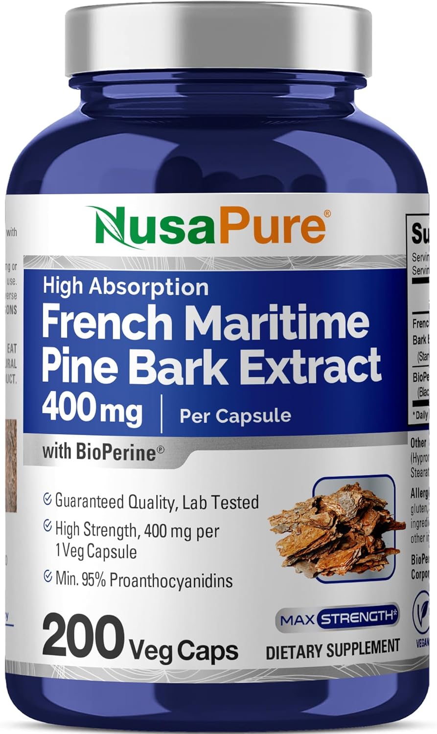 NusaPure French Maritime Pine Bark Extract 400mg per Veggie Caps 200-Day Supply Bioperine Non-GMO Vegan