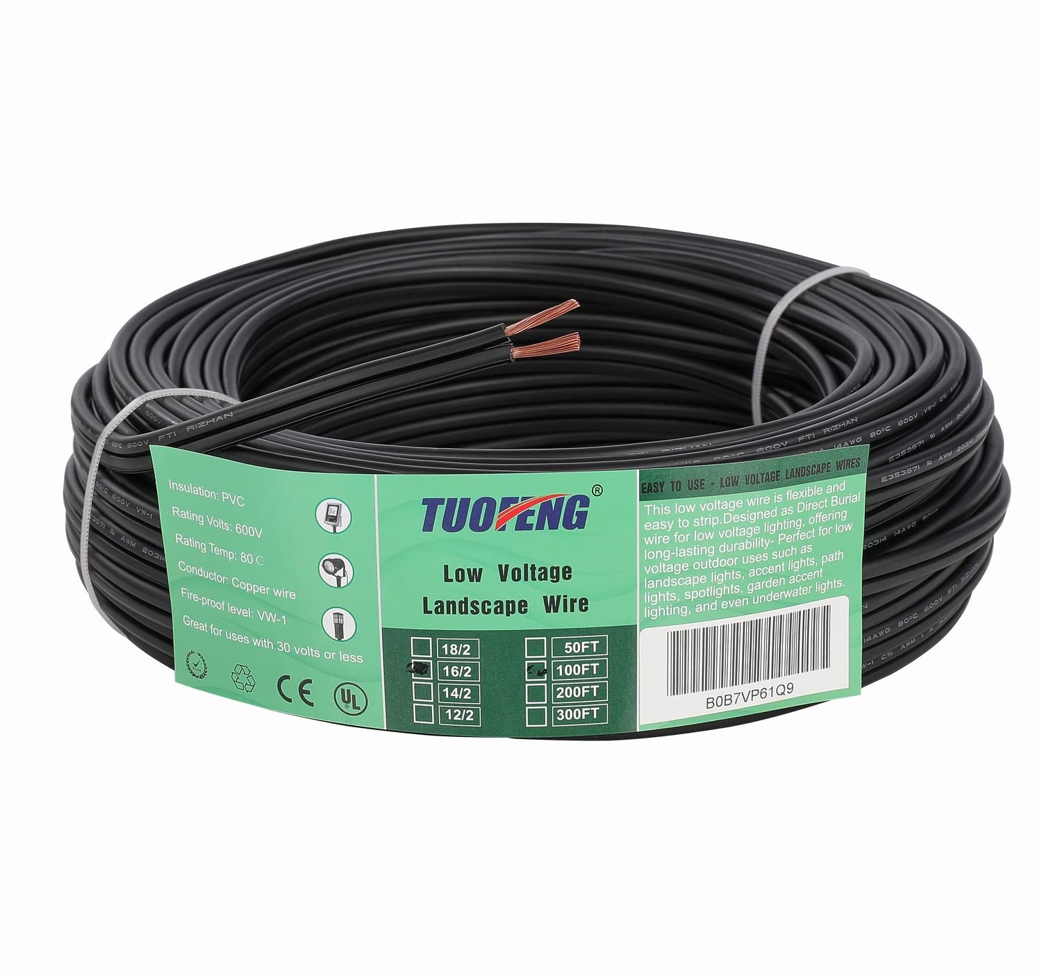 TUOFENG 14/2 Low Voltage Landscape Wire Outdoor Lighting Cable UL Listed 14 AWG 2-Conductor 15 Meter