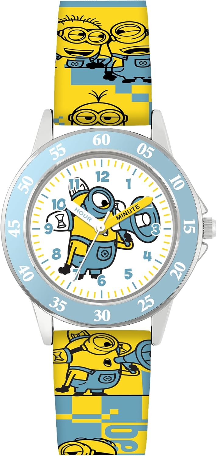 Accutime Kids Minions Yellow Silicone Strap Time Teacher Analogue Watch DMF4107