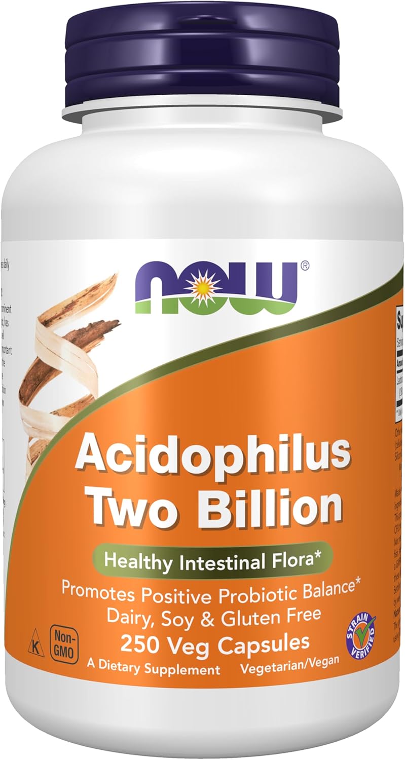 NOW Foods Supplements, Acidophilus, Two Billion, Strain Verified, Healthy Intestinal Flora*, 250 Veg Capsules