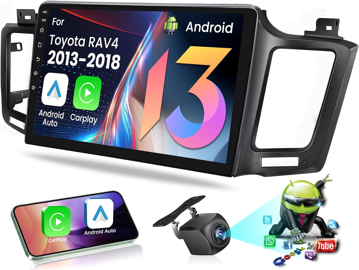 for Toyota RAV4 2013-2018 – 10.2” （Online Upgrade OTA System） IPS Android Car Radio, 8core+64G, Wireless CarPlay/Android Auto, 5G WiFi, GPS Navigation, Bluetooth, Backup Camera, Mirror Link