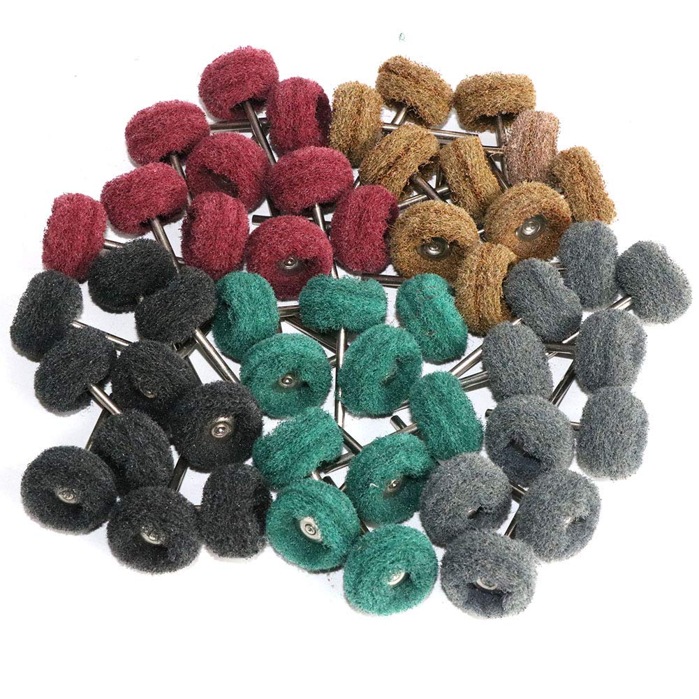 50PCS Abrasive Buffing Polishing Wheel Set for Rotary Tool,Mini scouring pad Brush Polishing kit, Removal of Rust,Deburring on Metal Surface,with 3mm Mandrel