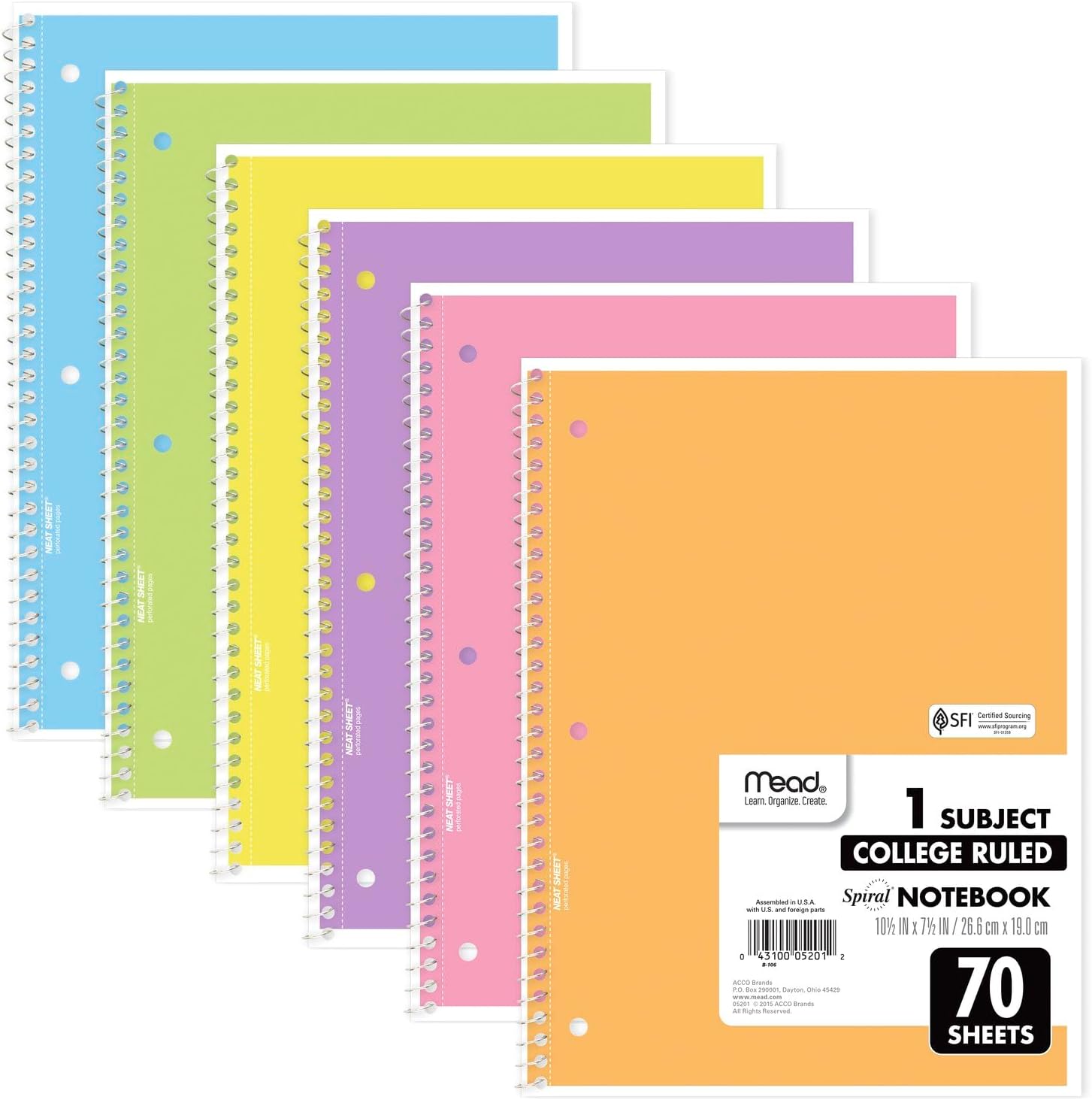 Mead Spiral Notebook, 6 Pack, 1 Subject, College Ruled Paper, 7-1/2" x 10-1/2", 70 Sheets per Notebook, Assorted Pastel Colors (830049)