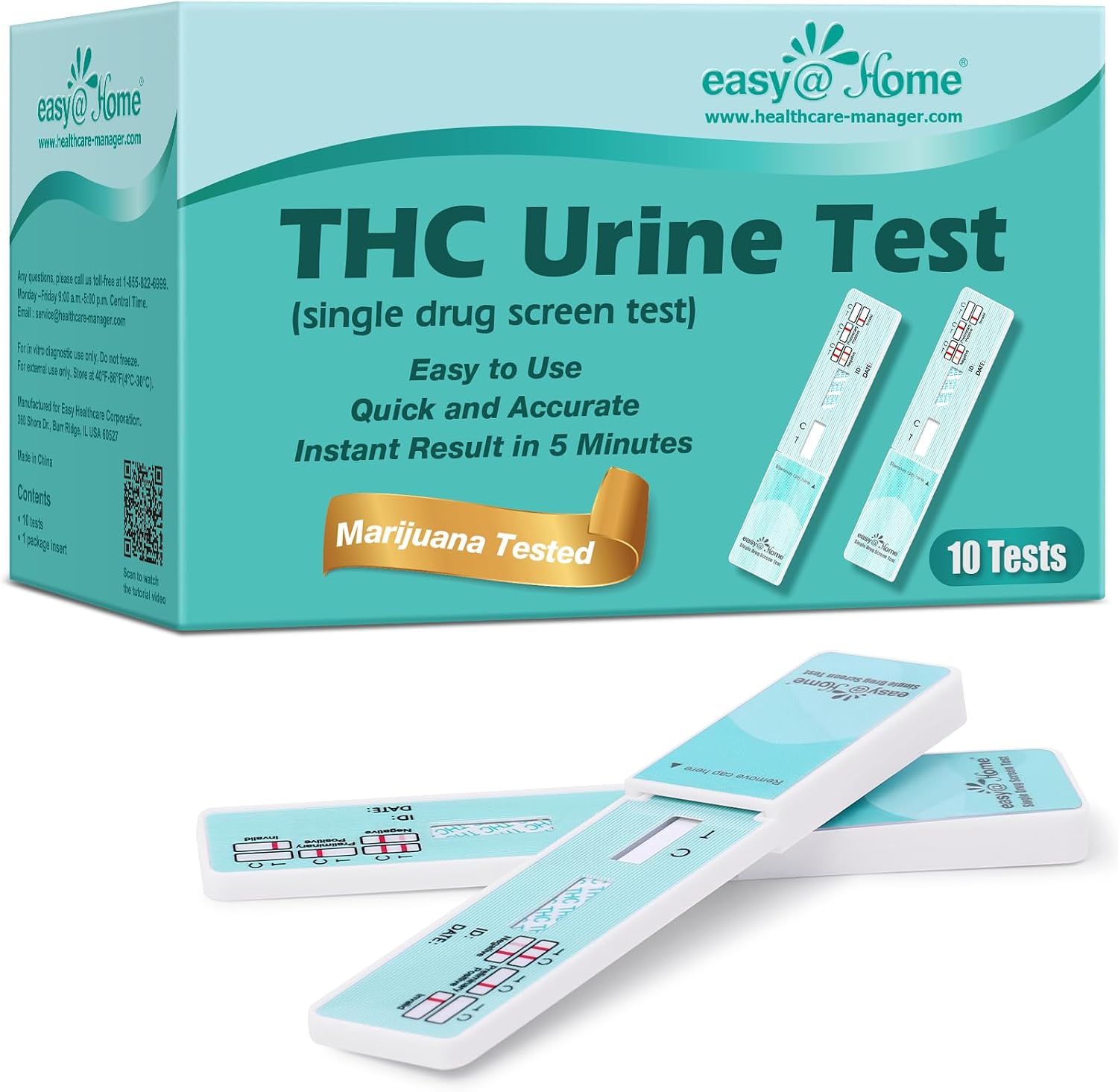 Easy@Home Marijuana Drug Test Kit for Urine - THC Tests for Home Use (10 Pack), Weed Detox Testing Kits with 50 ng/ml Cutoff Level, #EDTH-114