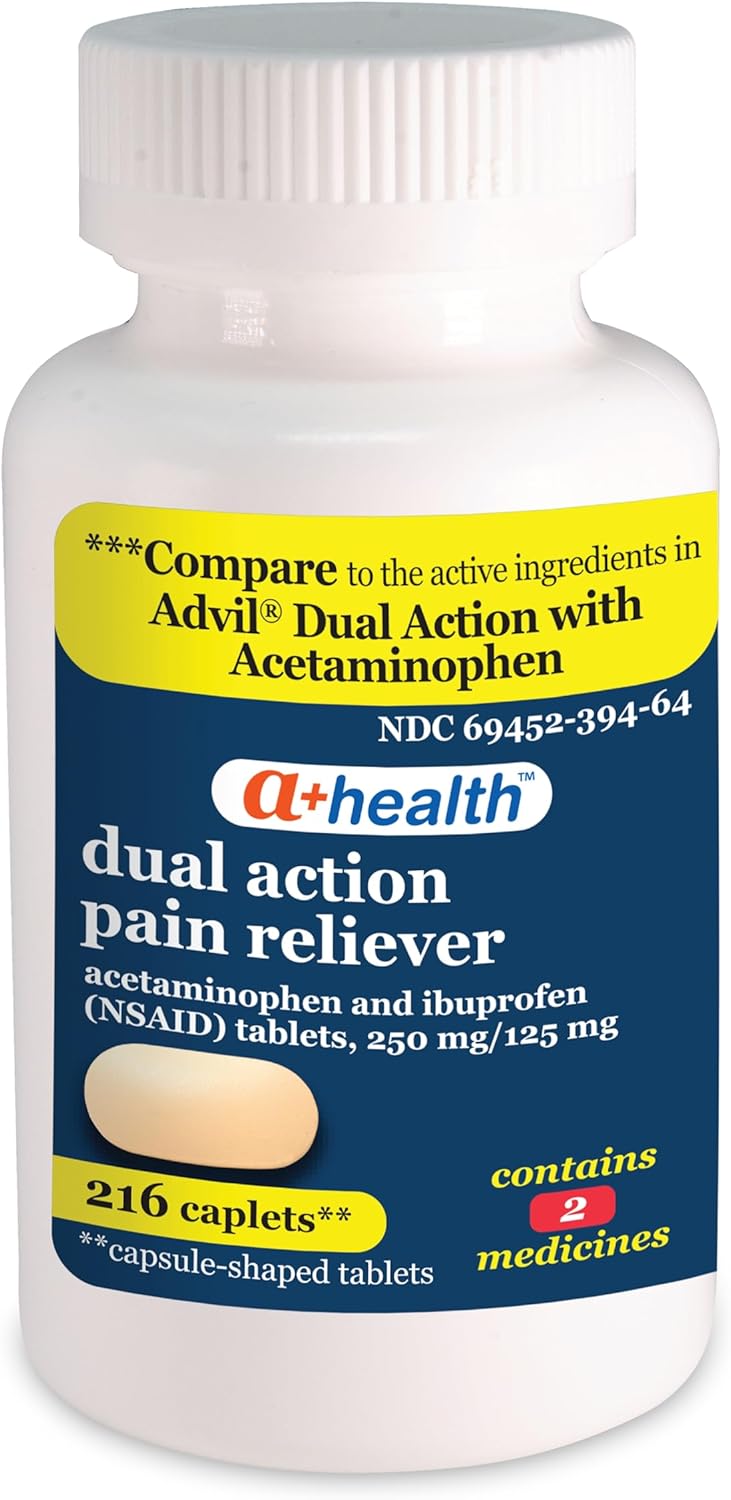 Dual Action Acetaminophen 250 mg and Ibuprofen (NSAID) 125mg Pain Reliever Caplets, 216 Count