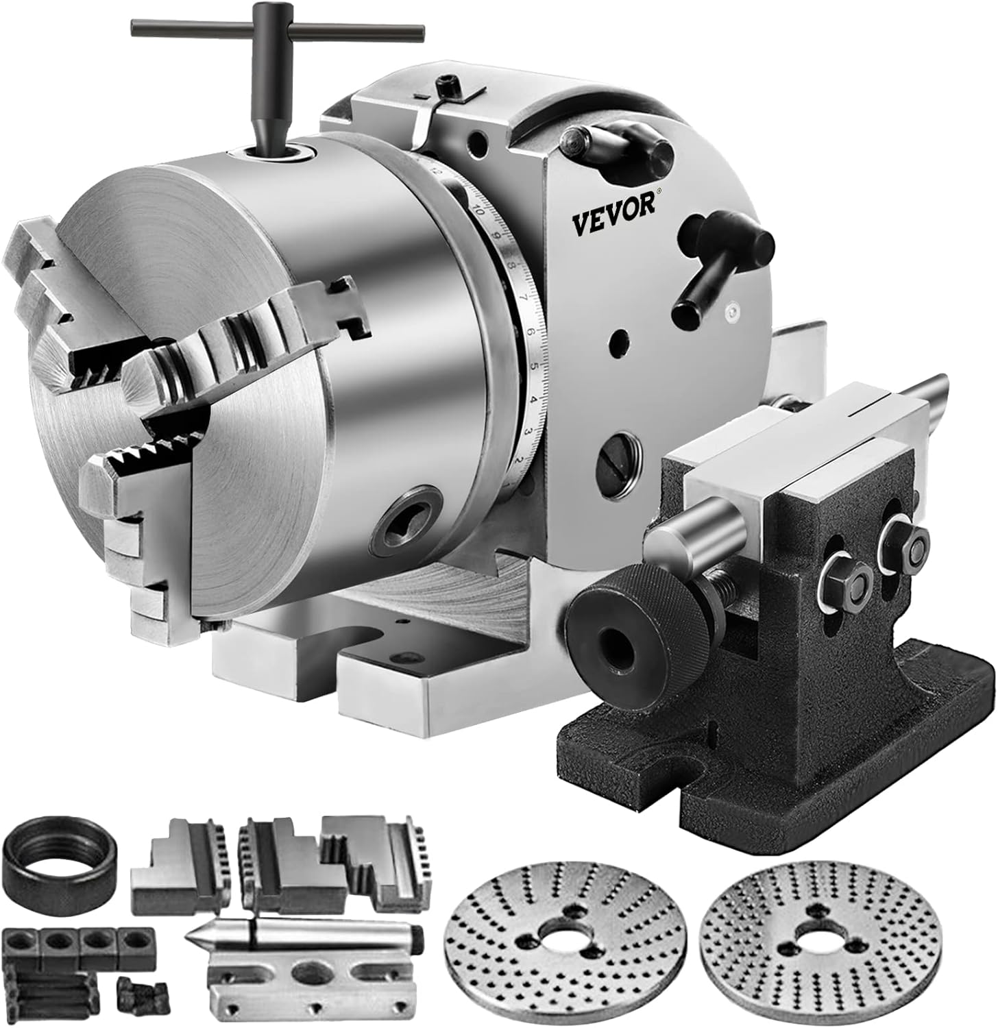 Vevor 5Inch 3 Jaw Chuck Dividing Head Set Precision Semi Universal Dividing Head for Milling Machine Rotary Table Tailstock Milling Set