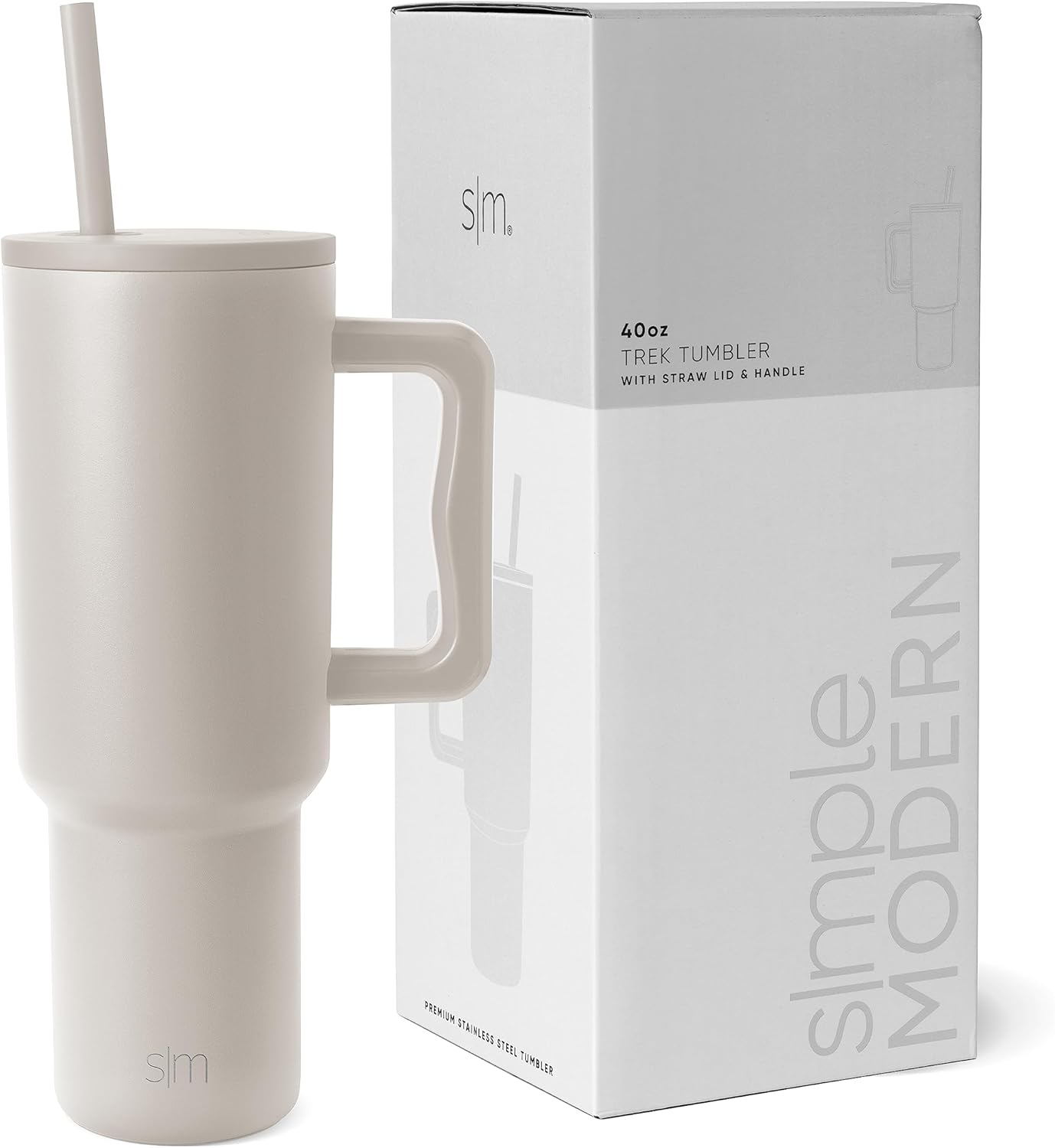 Simple Modern Tumbler 40 oz with Handle and Straw | Insulated Stainless Steel Water Bottle Iced Coffee Cup Travel Mug | Gifts for Women & Men | Trek | 1180ml | Almond Birch
