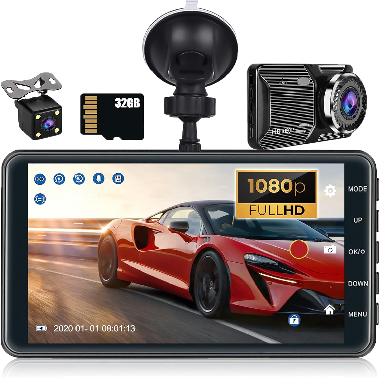 CAMECHO Dash Cam Front and Rear with 32GB TF Card FHD 1080P 4 Inch Touch Screen Dual Camera Dash Cams DVR Car Driving Recorder 150°Wide Angle Dashboard Camera Night Vision Loop Recording