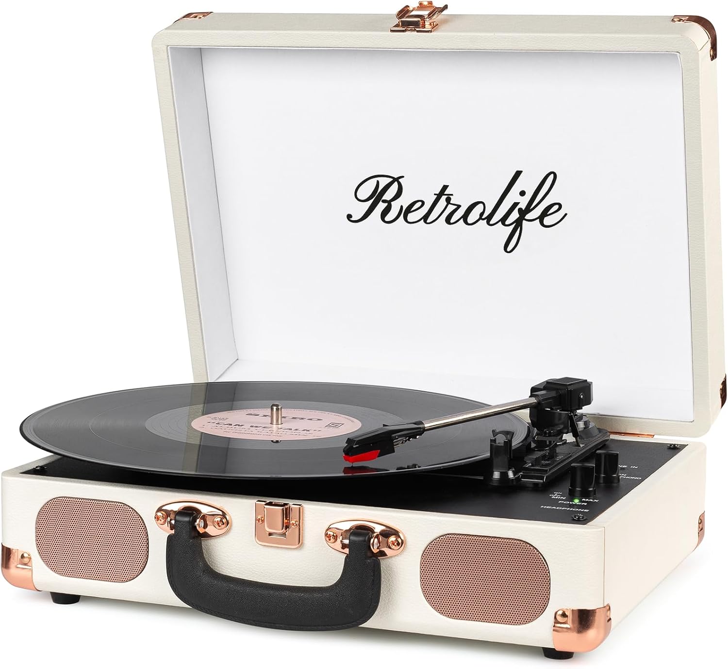 Turntable Vinyl Record Player 3-Speed Suitcase Portable Belt-Driven Record Player with Built-in Speakers RCA Line Out AUX in Headphone Jack Vintage White