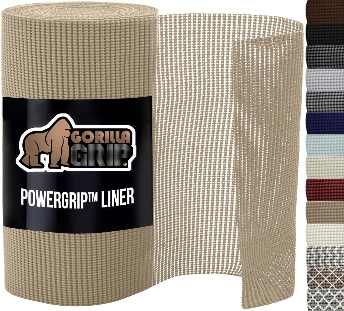 GORILLA GRIP powerGRIP Drawer Shelf and Cabinet Liner, Thick Strong Hold, Non-Adhesive Liners Protect Kitchen Cabinets and Cupboard, Bathroom Drawers, Easy Install, Breathable Mat, 12" x30', Beige