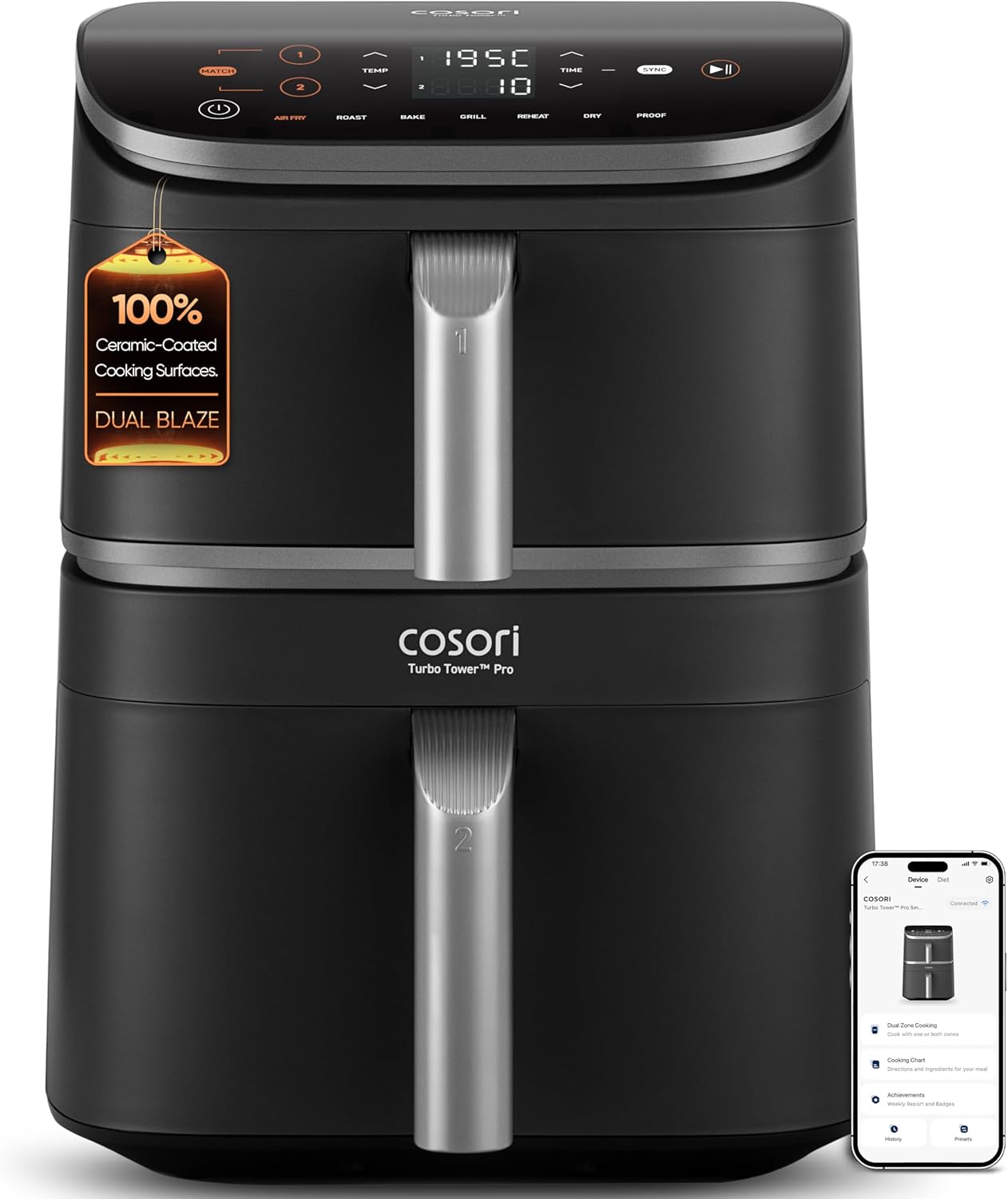 Cosori Turbo Tower Pro Dual Air Fryer, 10.8L Ceramic Coating, Stacked Space-Saving Design, DualBlaze Even Heat Tech, Rapid Heat System for Faster, Crispier Cooking, Smart Control, Energy Efficient
