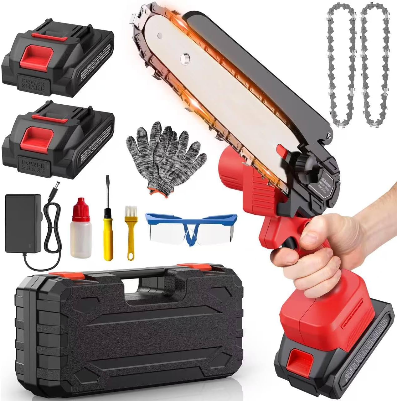 Ginarelo Cordless Mini Chainsaw Battery Small - 800W Chainsaws Chain Saws Handheld Electric Hand Outdoor Power Tools for Cutting Trees Wood Pruning Branch Cutter 6” 2 Batteries with Charger for Garden
