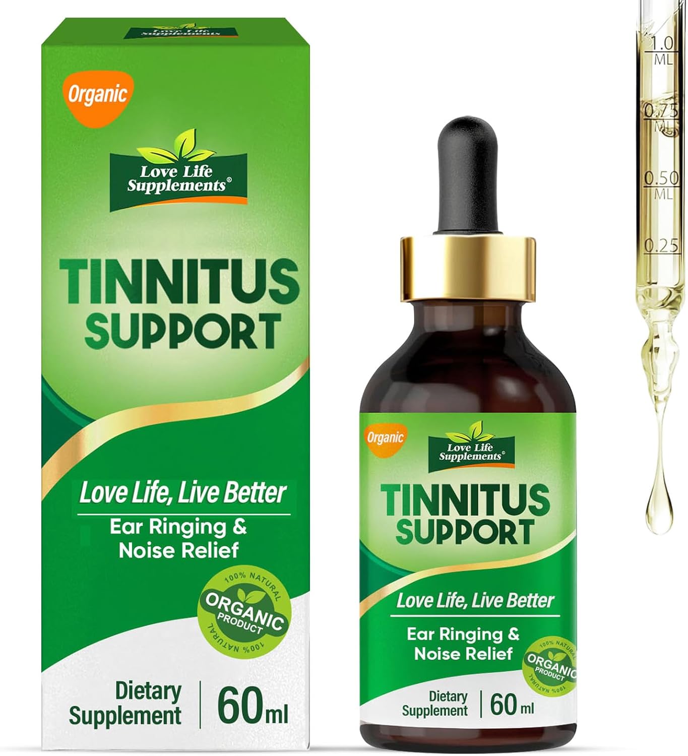 Love Life Supplements Tinnitus Relief for Ringing Ears, Gentle Tinnitus Relief Ear Drops, Natural Formula to Reduce Ear Noise, Soothe Itching, and Support Hearing Health, 60 mL