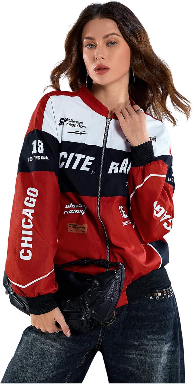 SOLY HUX Women's Bomber Jacket Long Sleeve Zip Up Racing Jackets Color Block Y2k Outerwear Vintage Streetwear