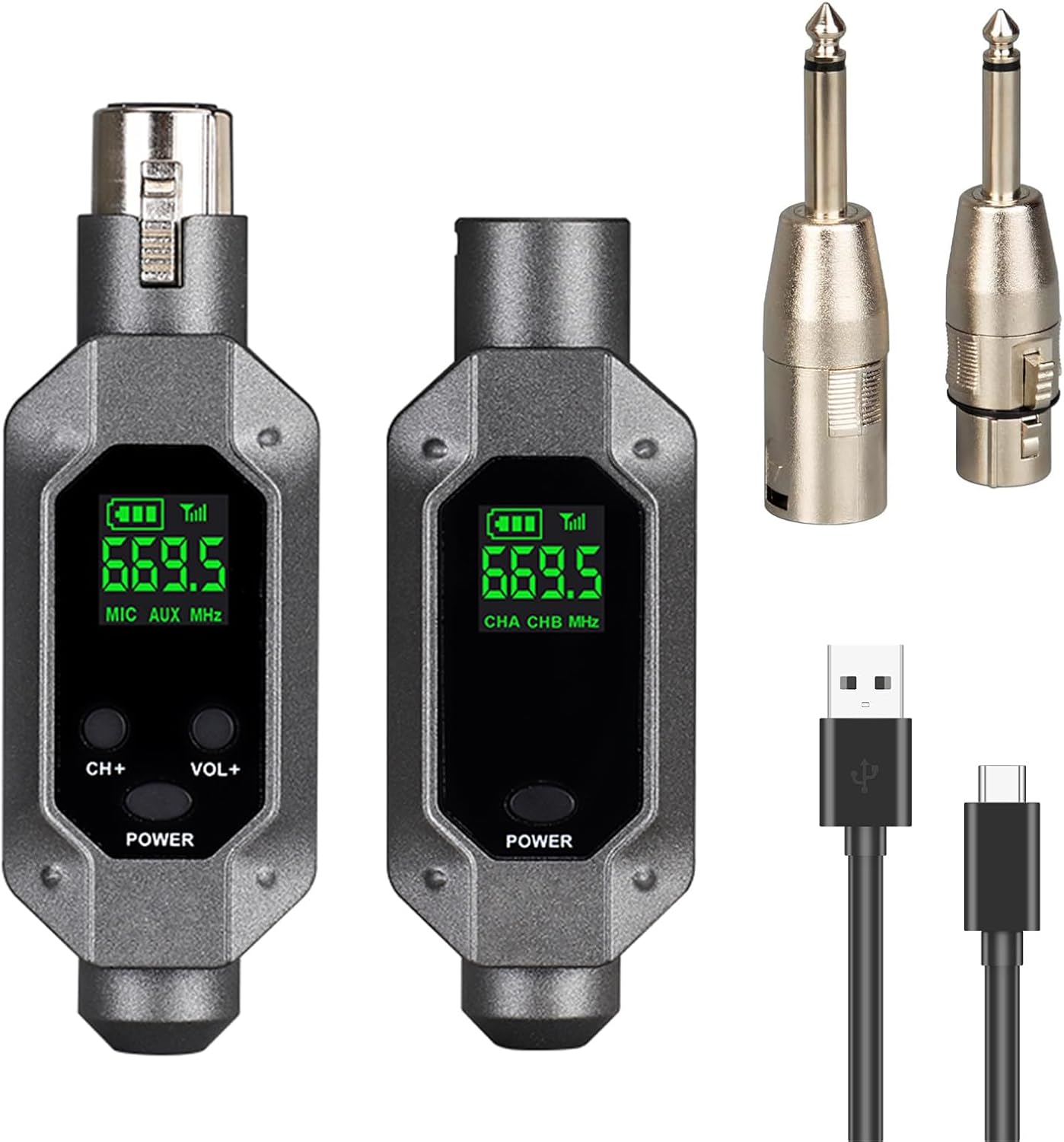 Portable Wireless XLR Microphone Transmitter Receiver - 2.4GHz Plug-on Digital Microphone System with Low Latency, 262ft Range - Rechargeable Mic Adapter for Dynamic Condenser Audio Mixer Live Studio