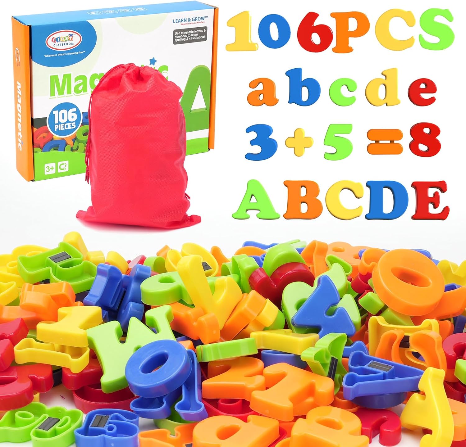 BunnyJOY Magnetic Letters and Numbers for Children, 106PCS Alphabet Fridge Magnets for Toddlers, Preschool Educational Toys, Spelling & Counting Learning Set, Magnetic Alphabet Set for Kids