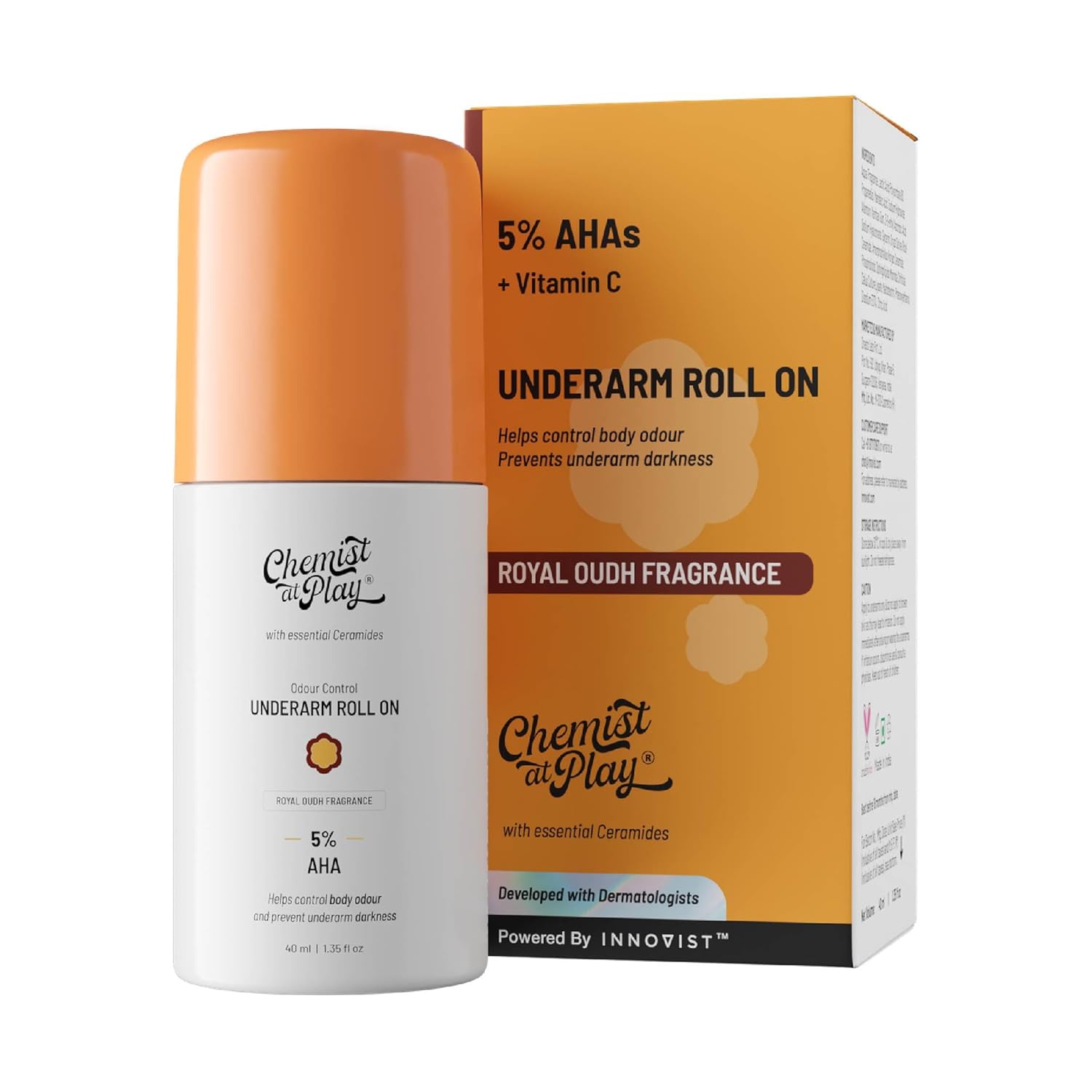 Chemist at Play UnderArm Roll-On with 5% AHA| Lactic & Mandelic Acid|Prevents Odour, Brightens Skin & Exfoliates Underarm| For Sensitive Skin|Royal Oudh Fragrance | Alcohol & Aluminium Free|1.35 fl oz