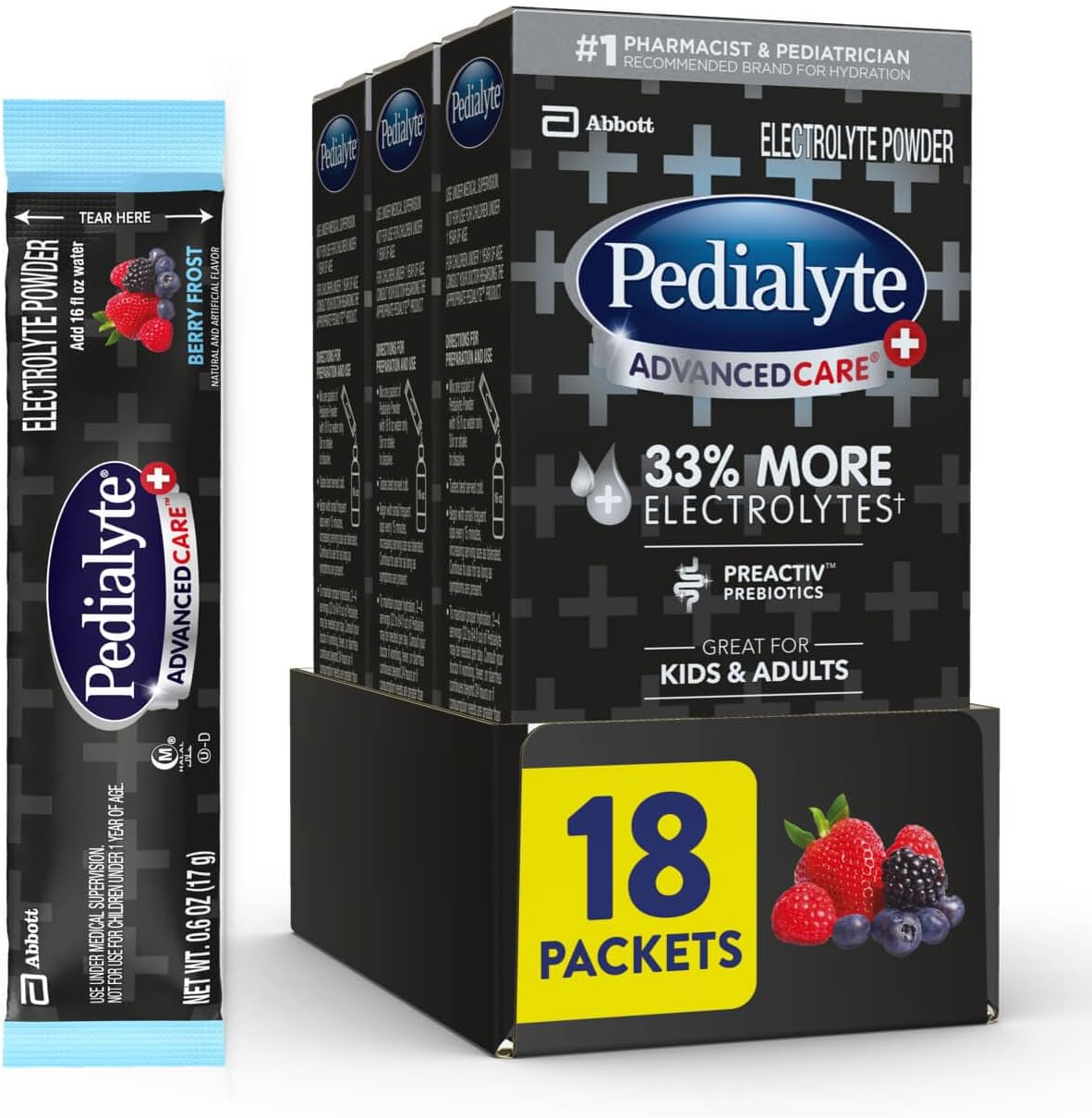 Pedialyte AdvancedCare Plus Electrolyte Powder, Has 33% More Electrolytes and PreActiv Prebiotics, Berry Frost, 18 Powder Packets